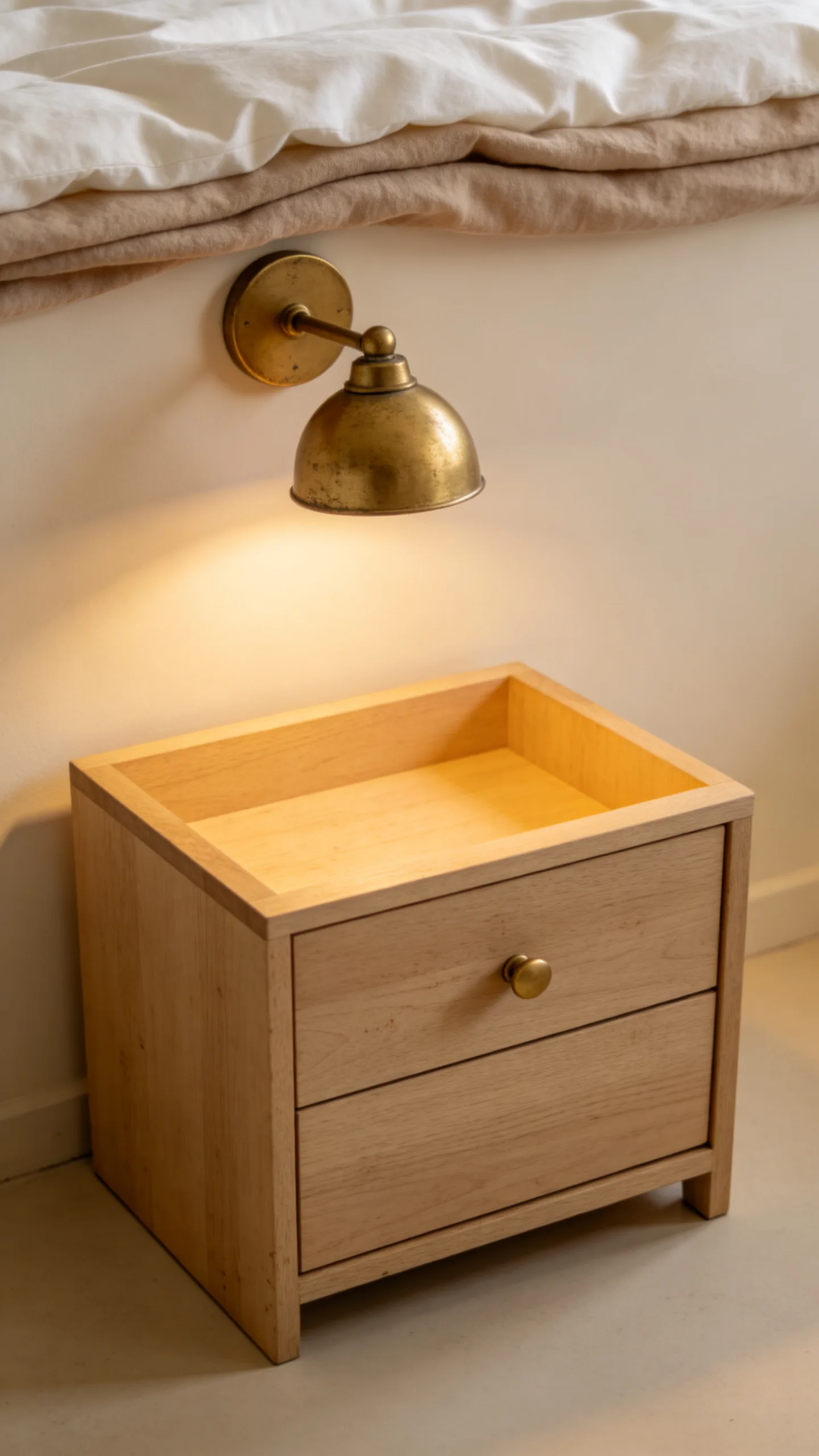 16. Mix Matte Brass Lighting With Pale Wood Furniture