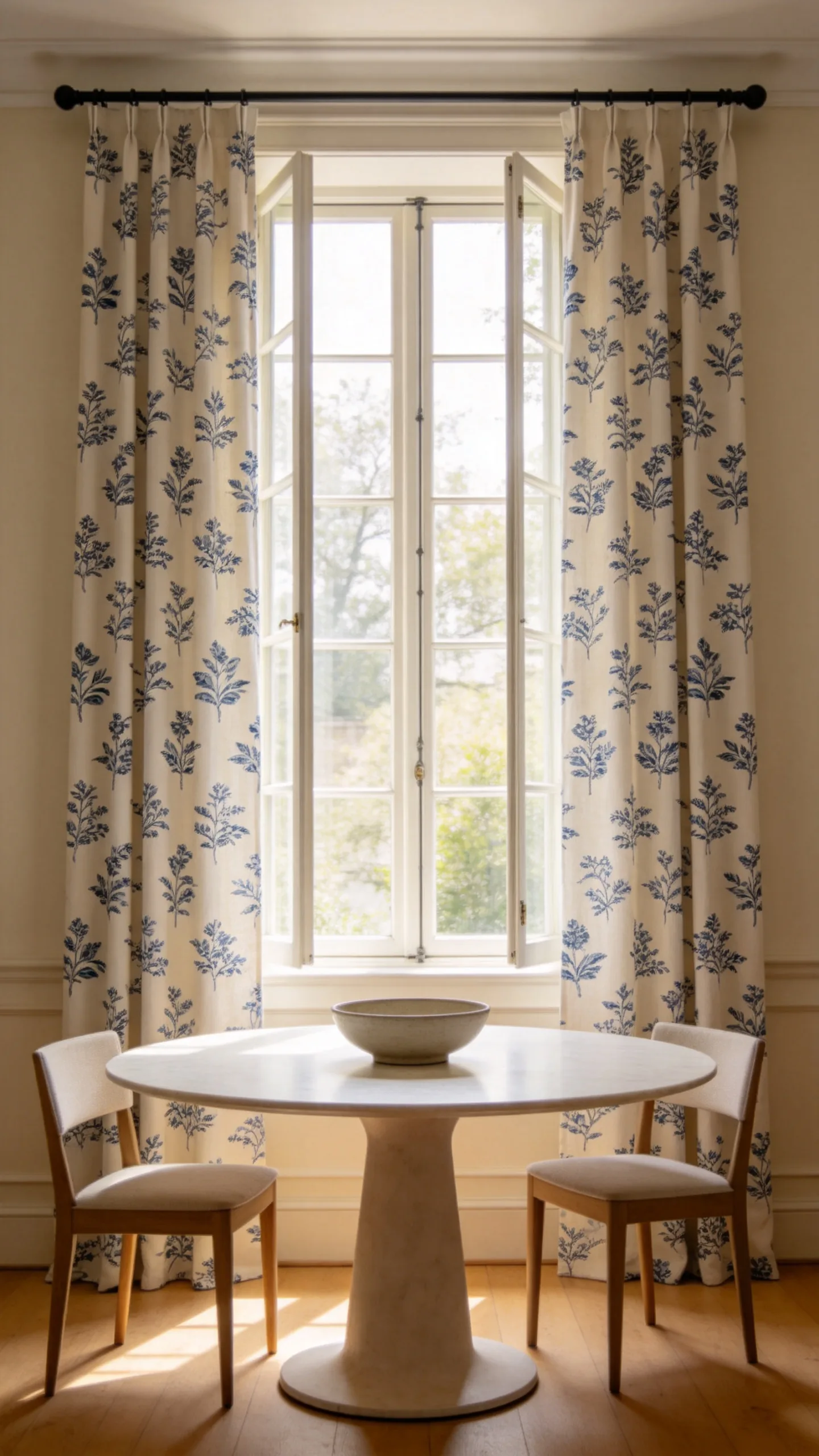 17. Pedestal Dining Table With Block-Print Drapery