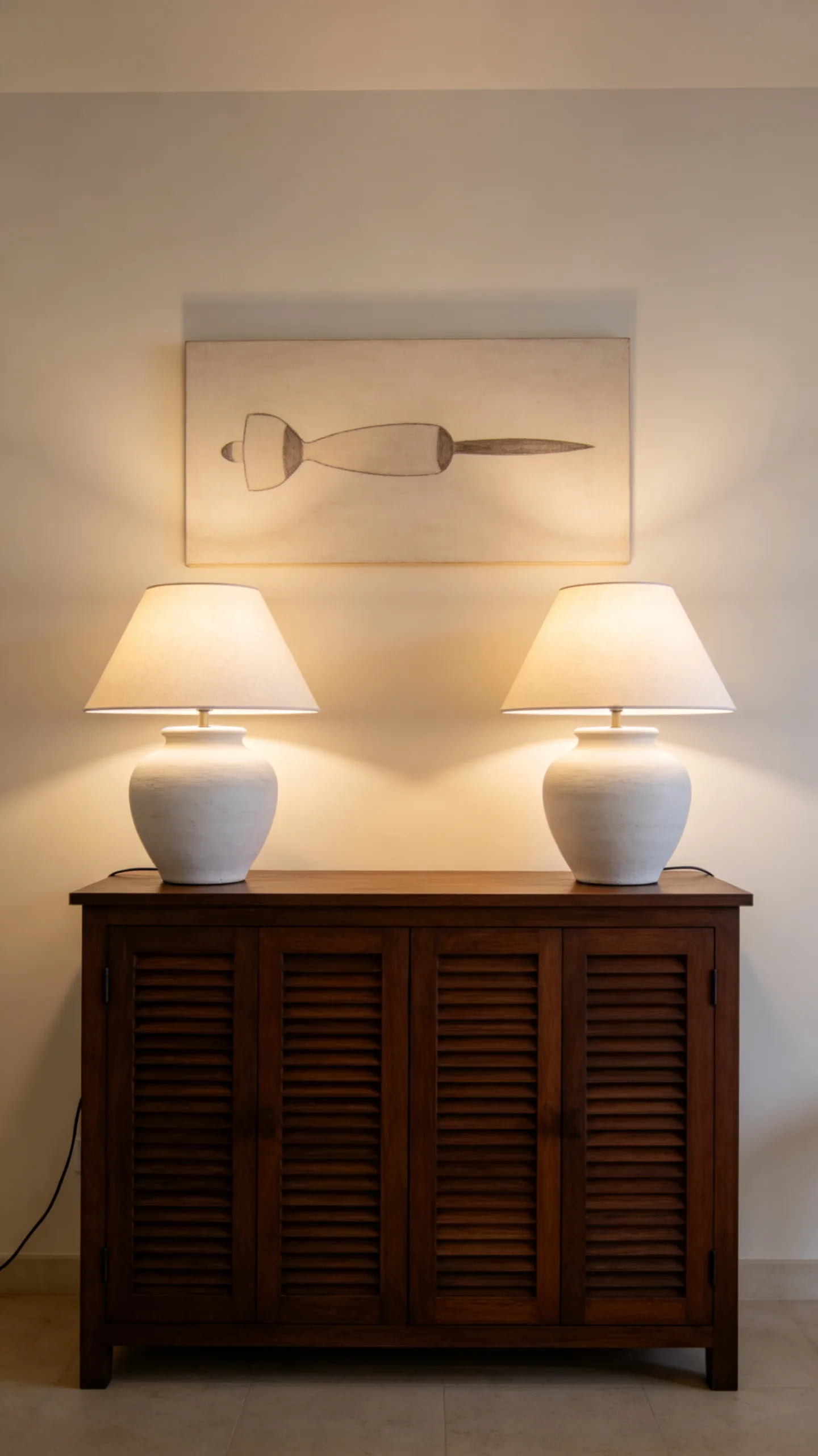 18. Slatted Wood Cabinet With Ceramic Table Lamps