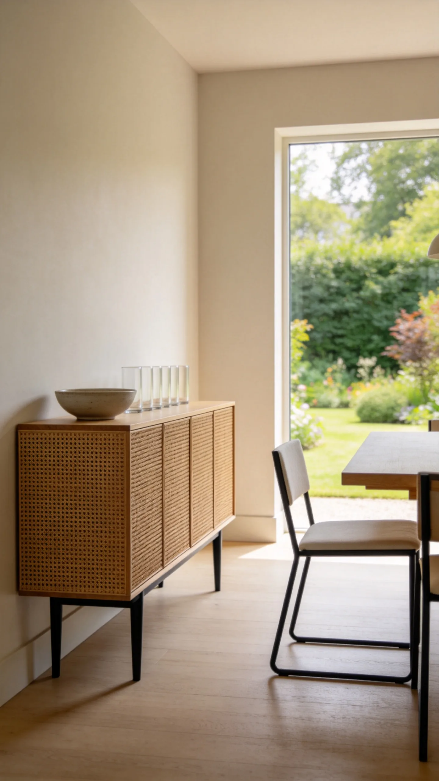 20. Cane Cabinet With Minimalist Dining Chairs