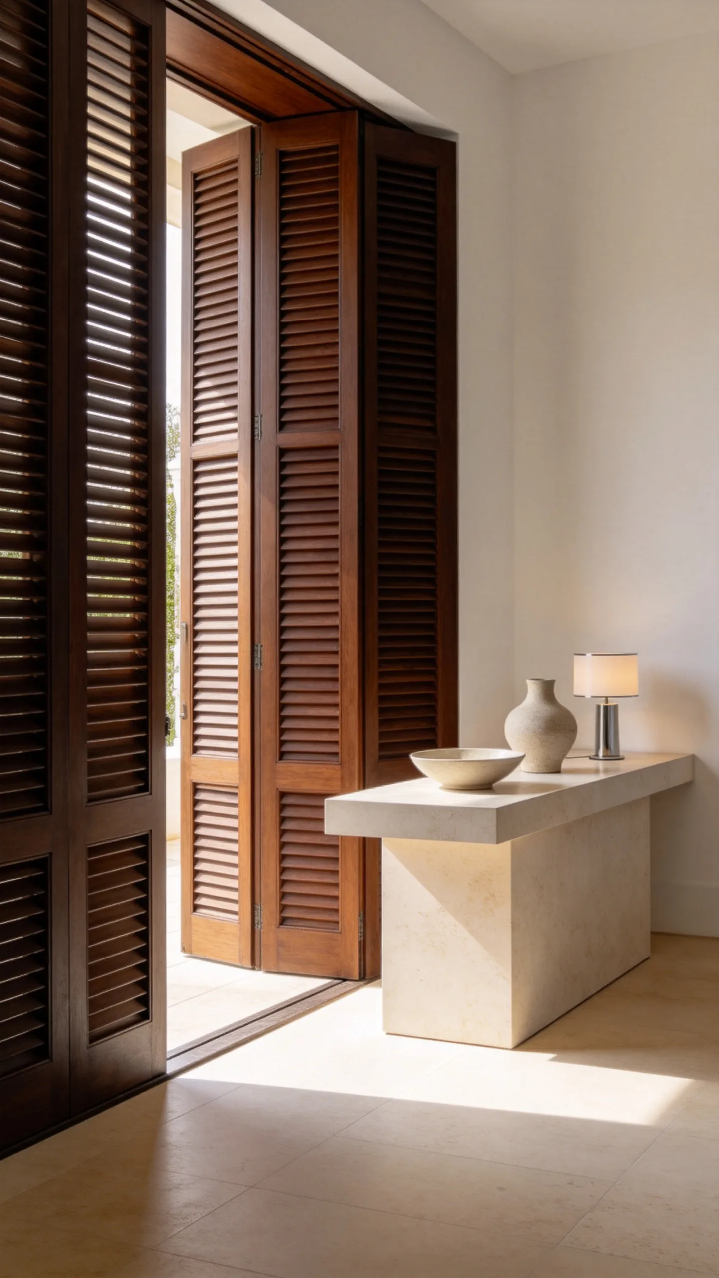 23. Shutter-Style Doors With a Sleek Stone Console