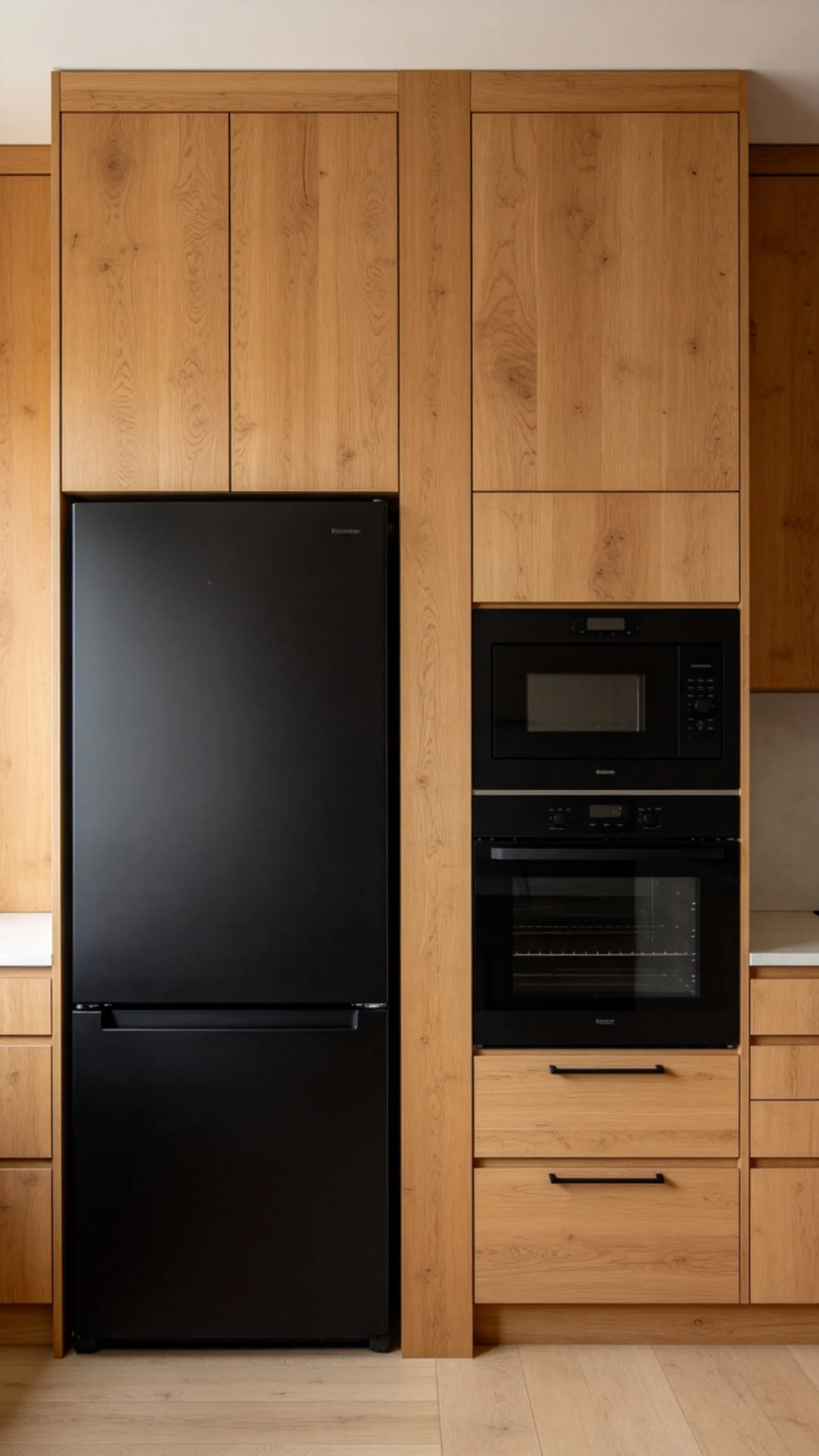 18. Use Black Appliances Within Wood Cabinet Walls