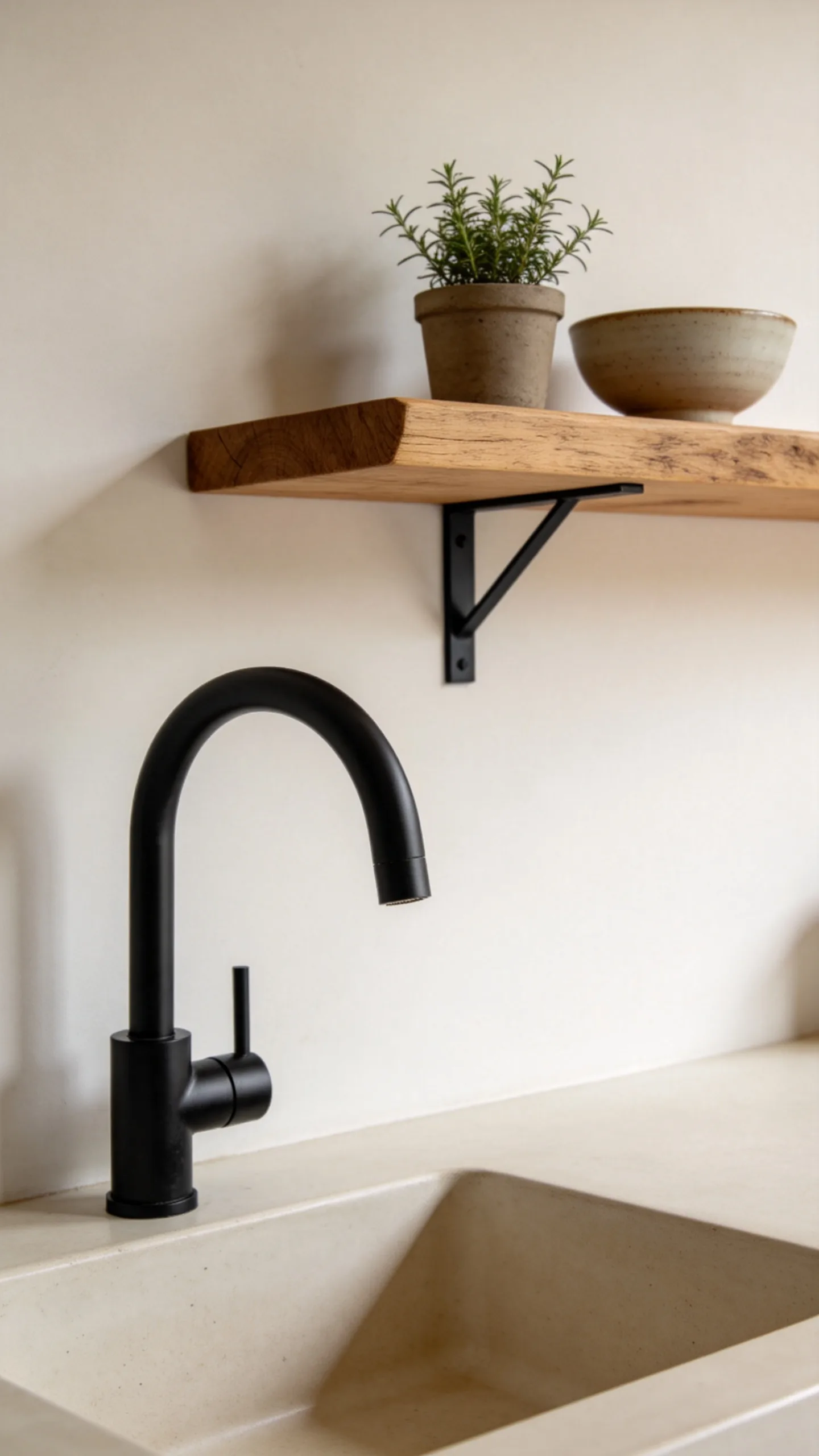 8. Combine a Black Faucet With a Live-Edge Wood Shelf