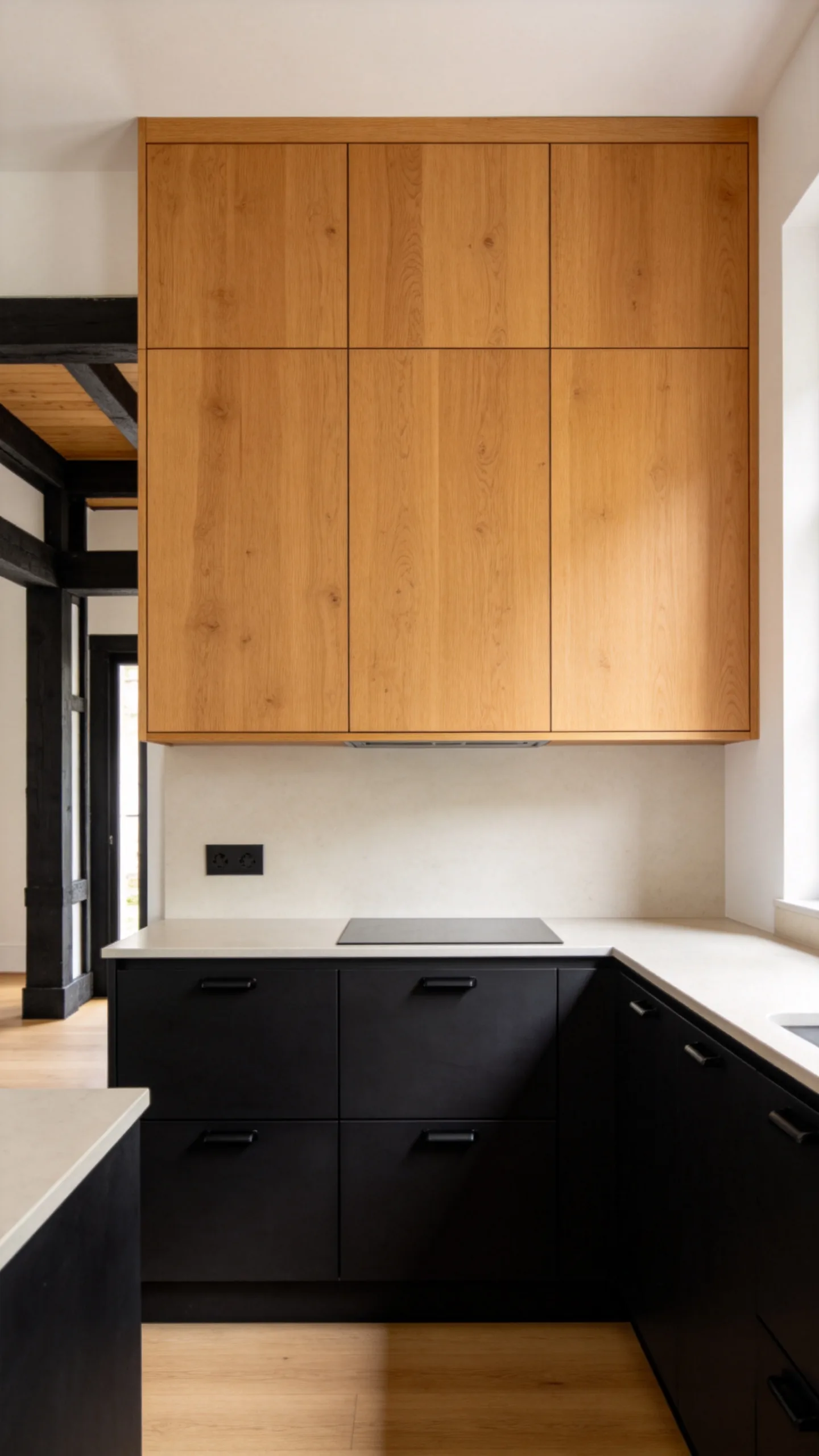 2. Add Black Lower Cabinets Beneath Wood Uppers