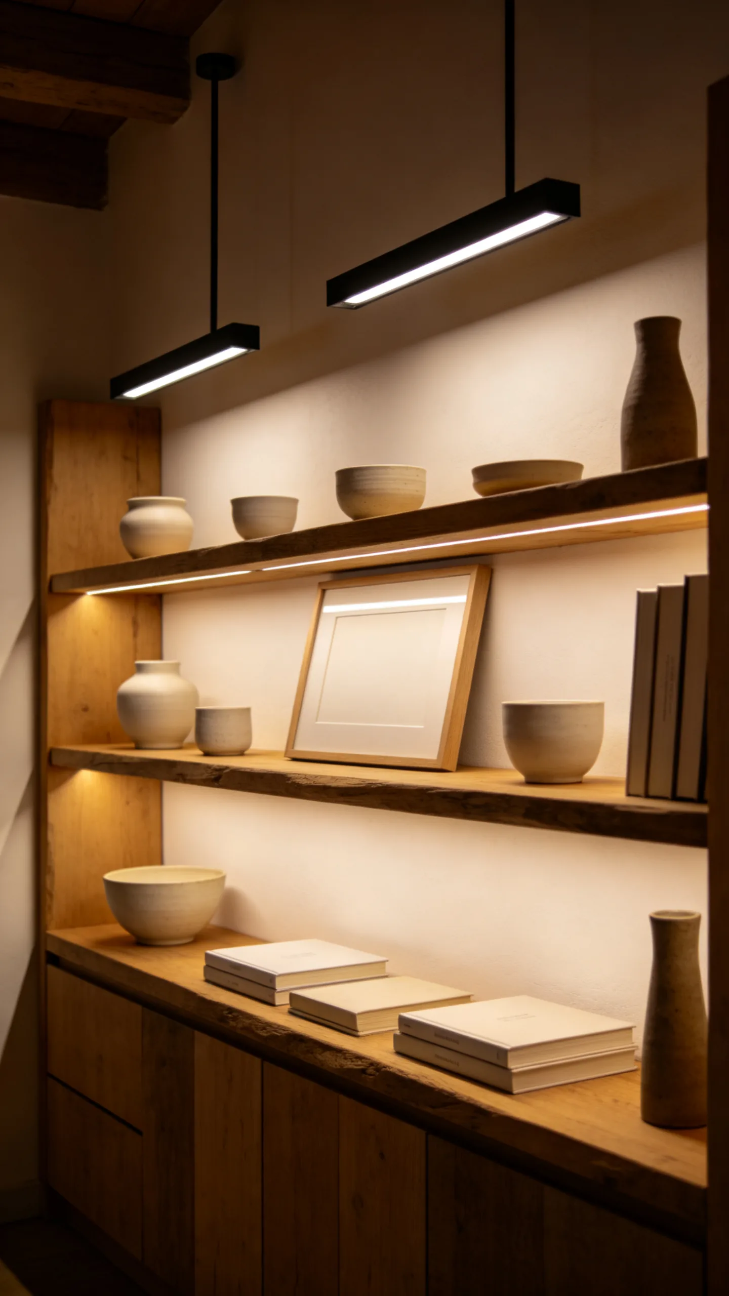 21. Layer Black Picture Lights Over Wood Display Shelves