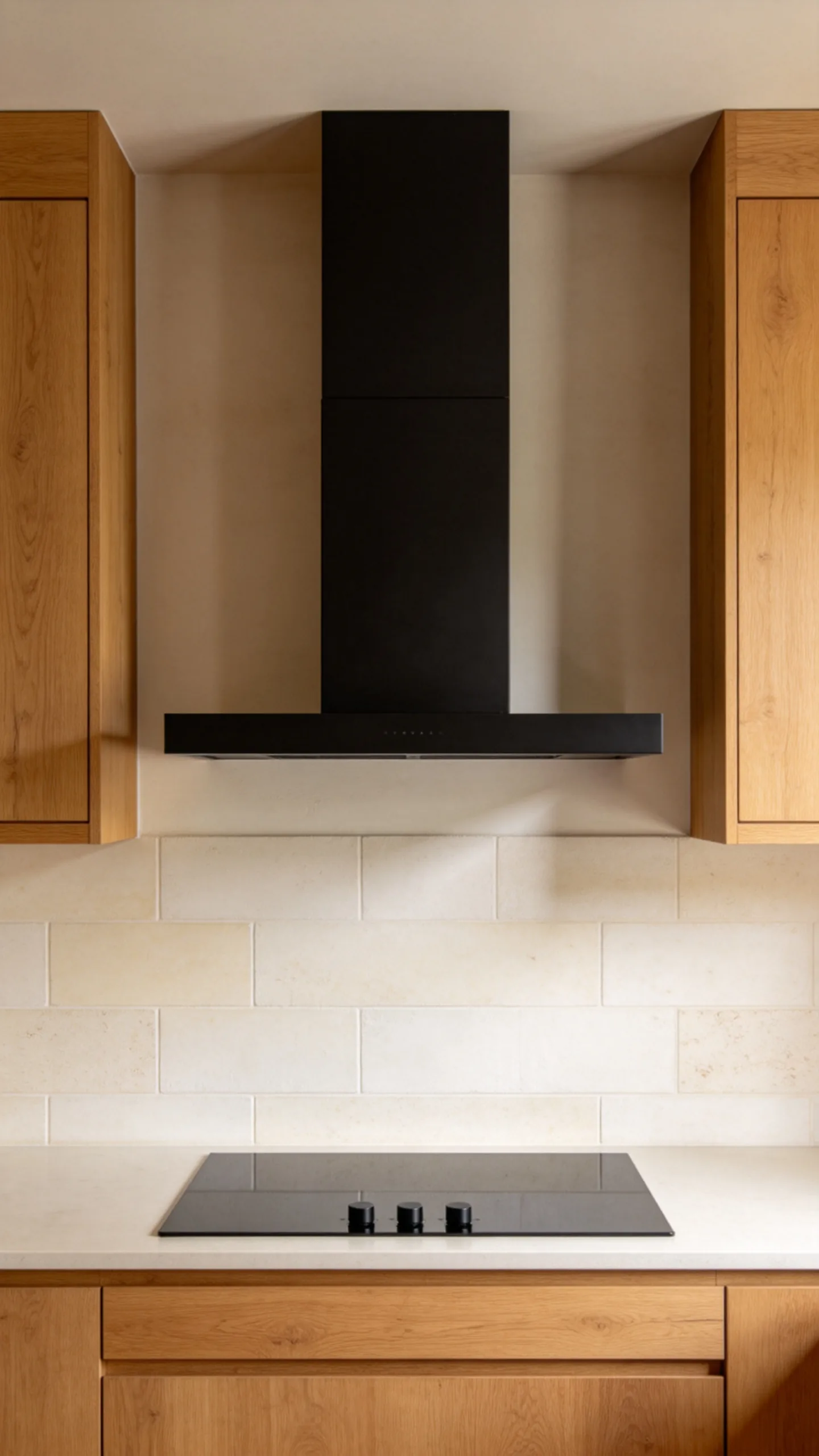 6. Use a Black Range Hood Against Wood Cabinetry
