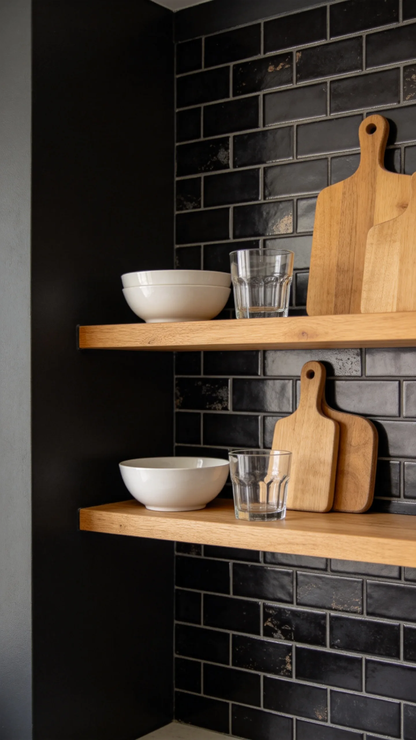 16. Style a Black Tile Backsplash With Wood Shelves
