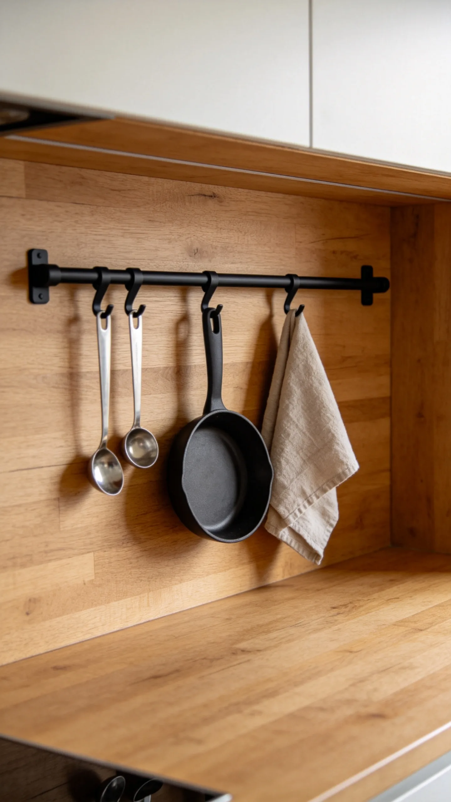 14. Add a Matte Black Rail to a Wood Backsplash