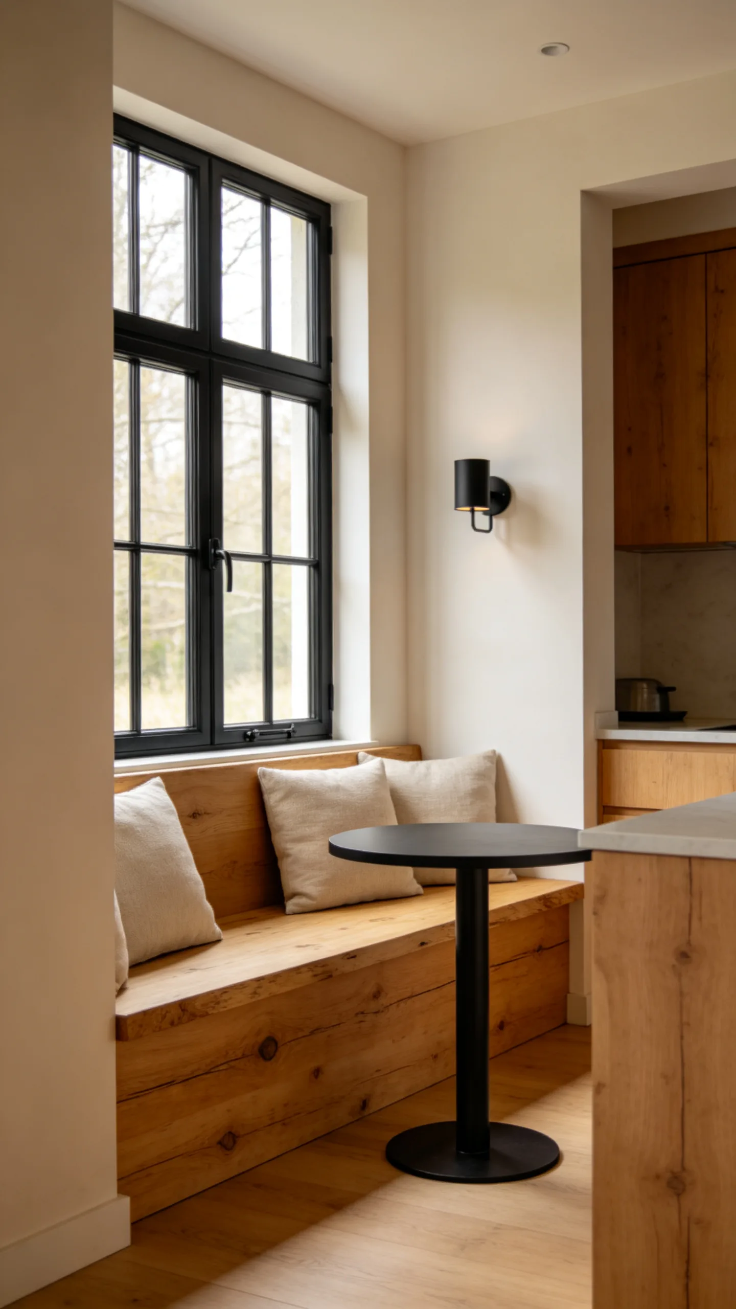 15. Contrast Black Windows With a Wood Breakfast Nook