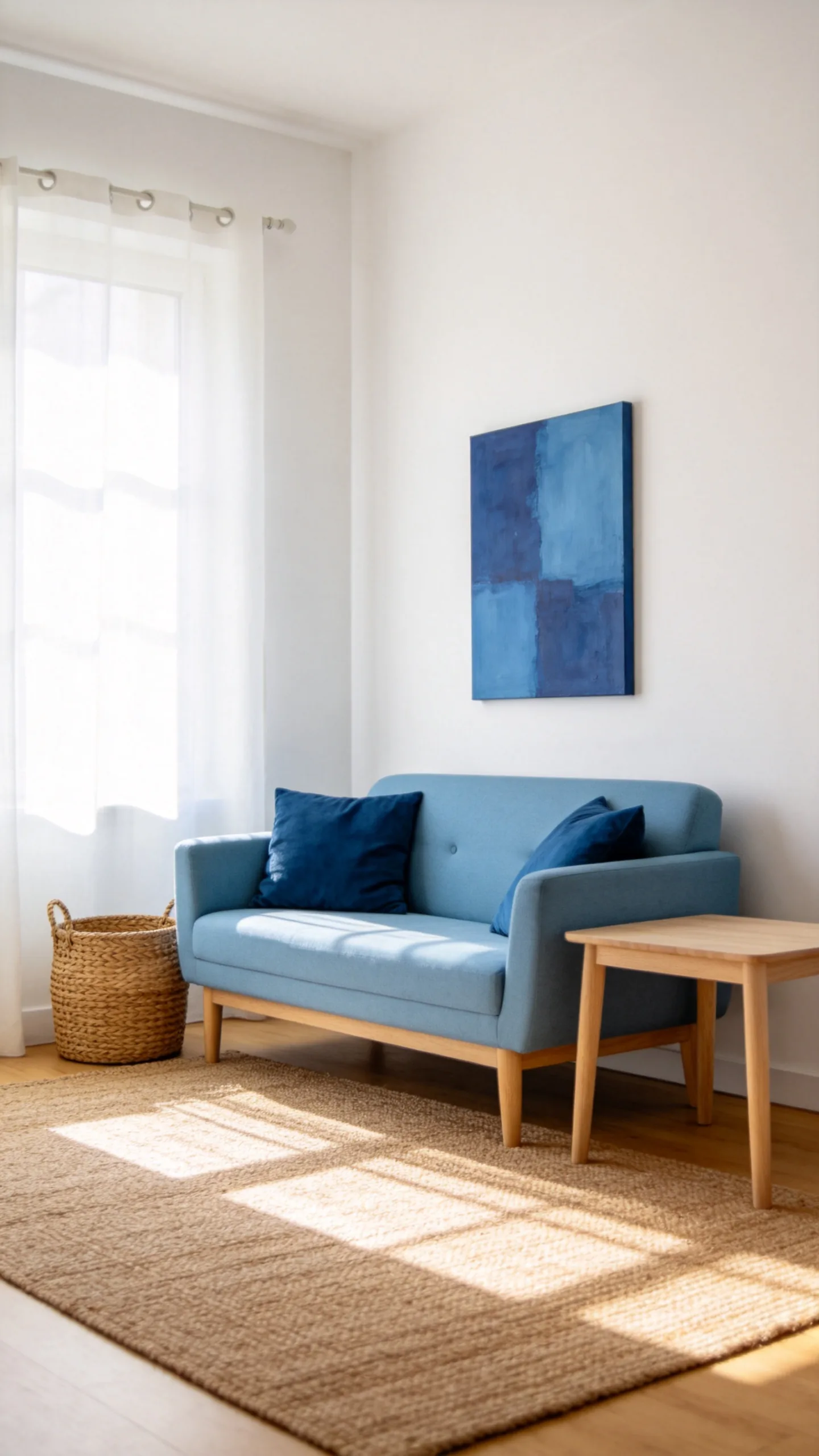 2. Pair a Pale Blue Sofa With Warm White Walls