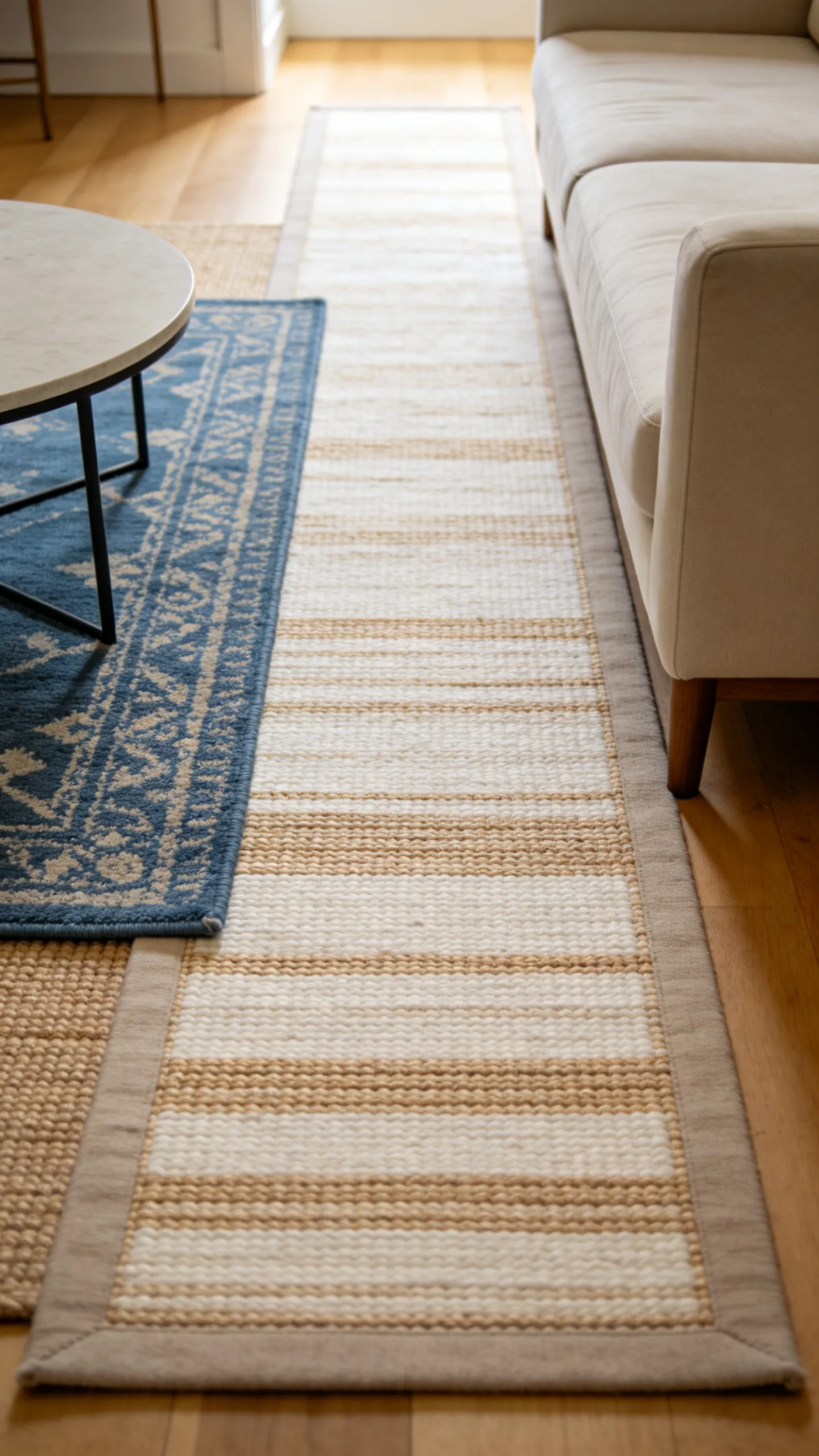 5. Layer a Blue Rug Over a Larger Neutral Rug