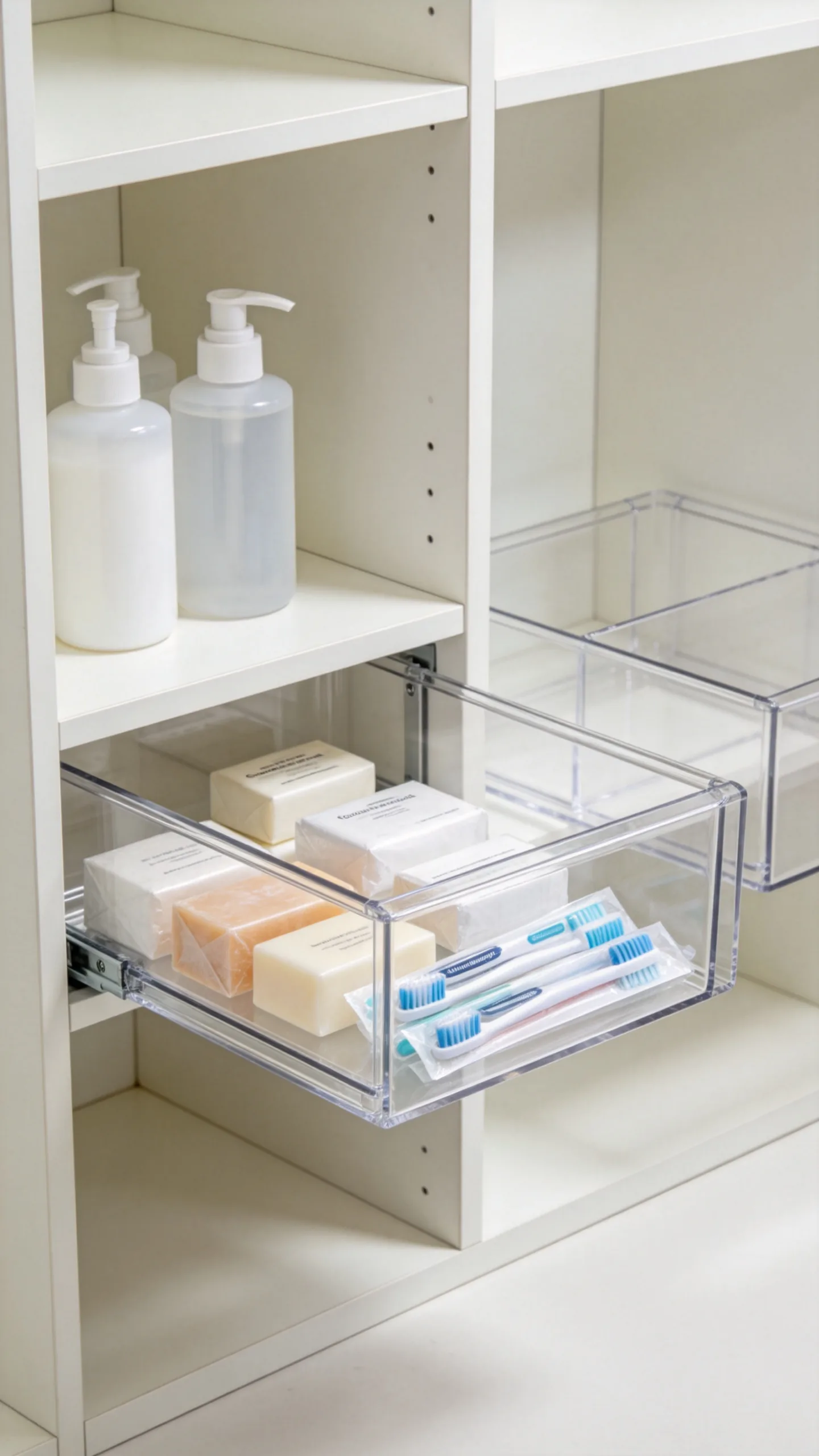 11. Use Clear Pull-Out Bins on Deep Shelves