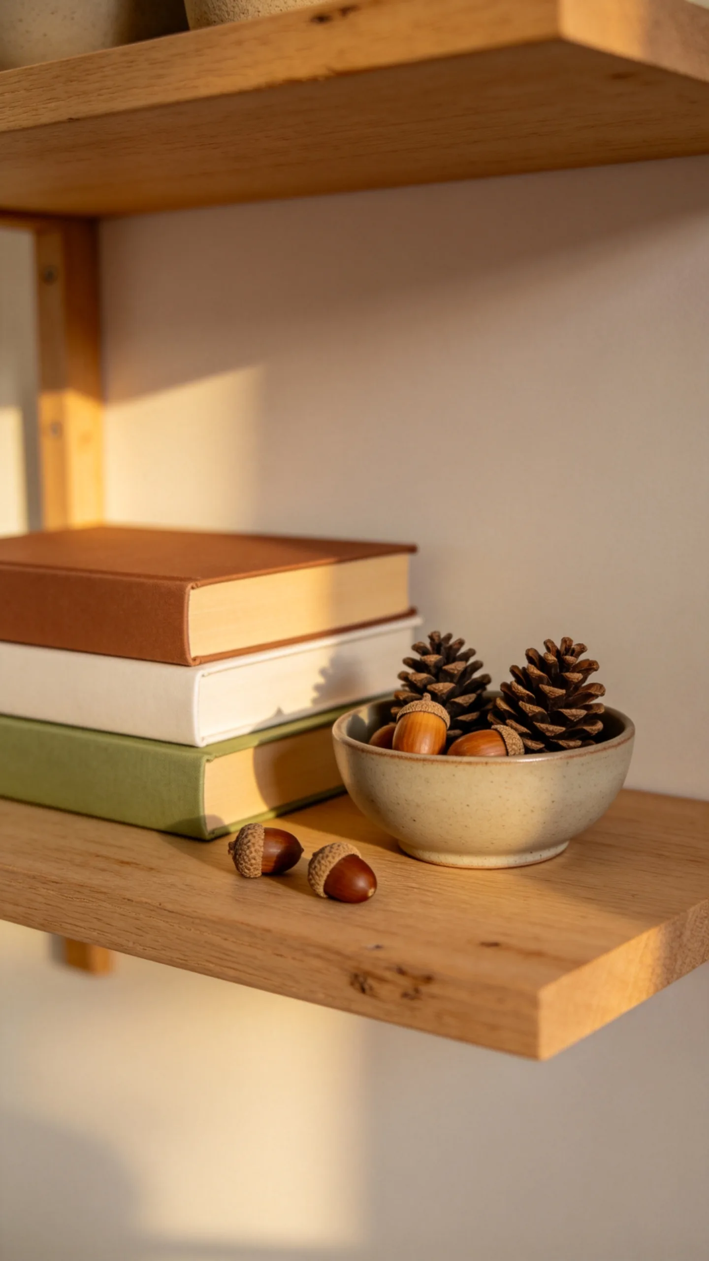 16. Decorate a Shelf With Books and Acorns
