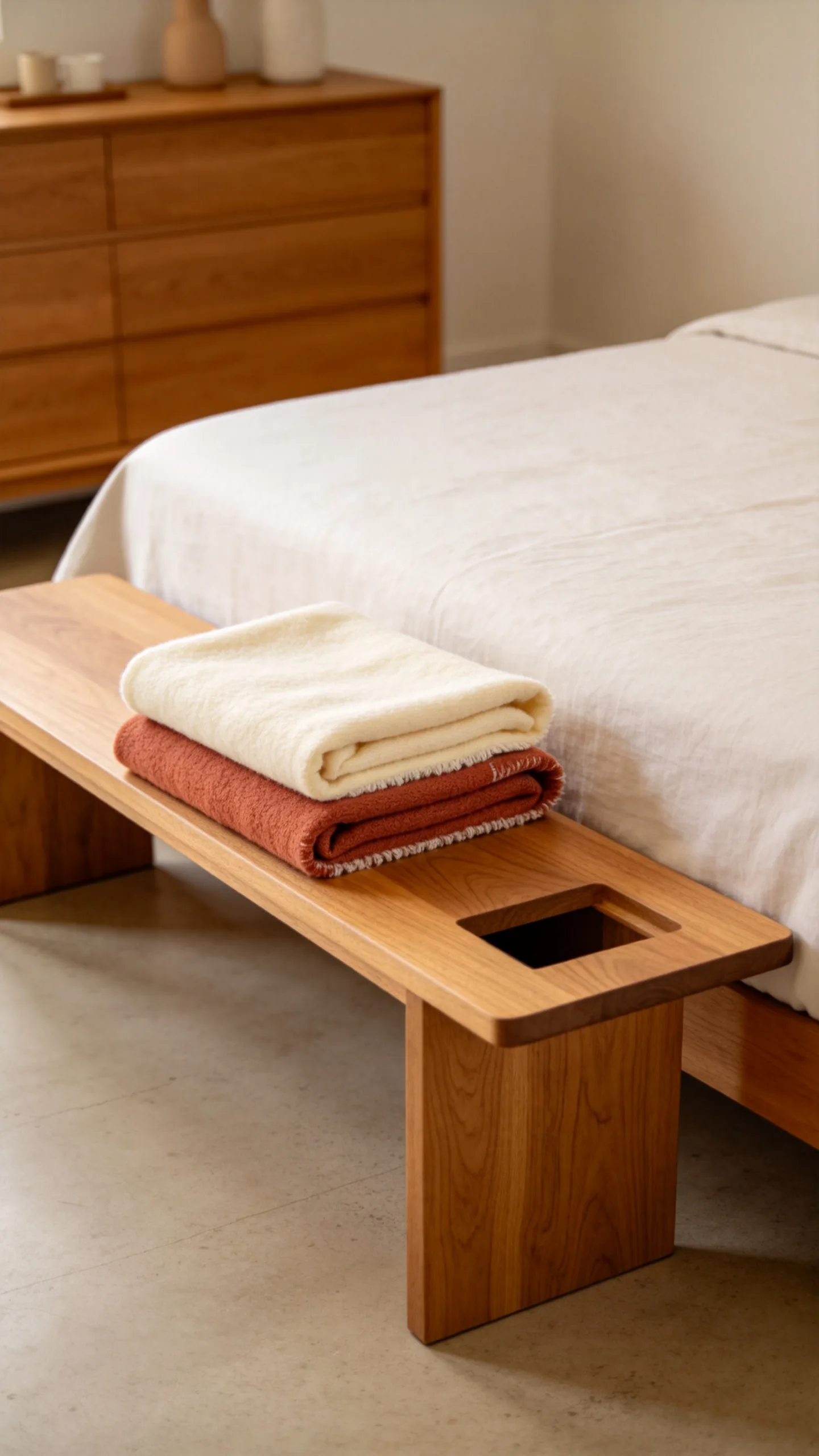 18. Add a Wooden Bench With Folded Blankets