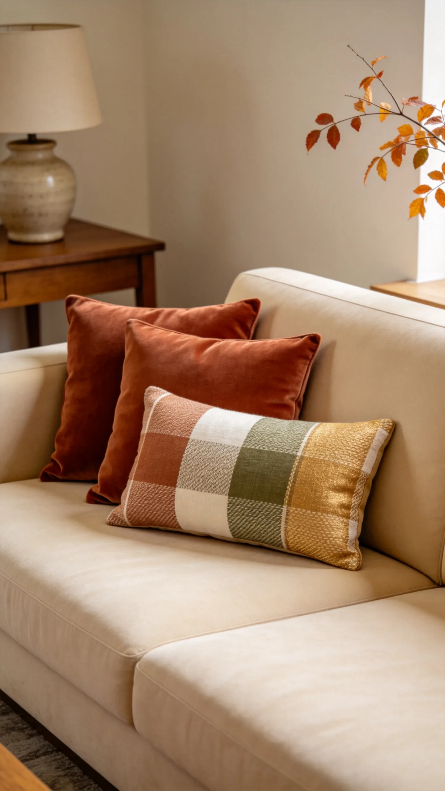 1. Layer Rust and Plaid Pillows on the Sofa