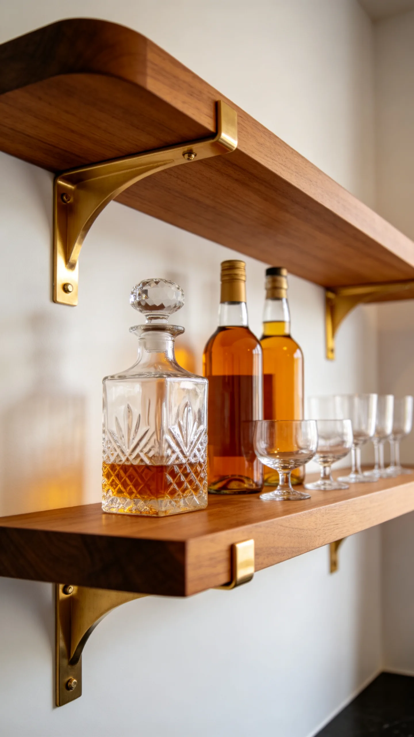 1. Floating Wood Shelves with Brass Accents