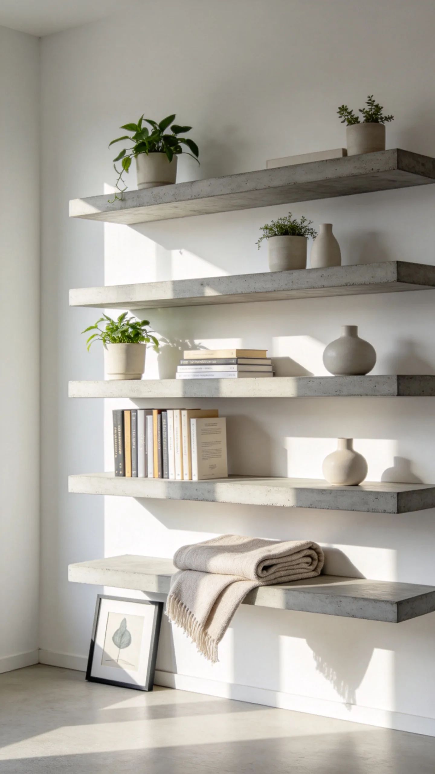 1. Monochromatic Floating Shelves for Sleek Modern Walls