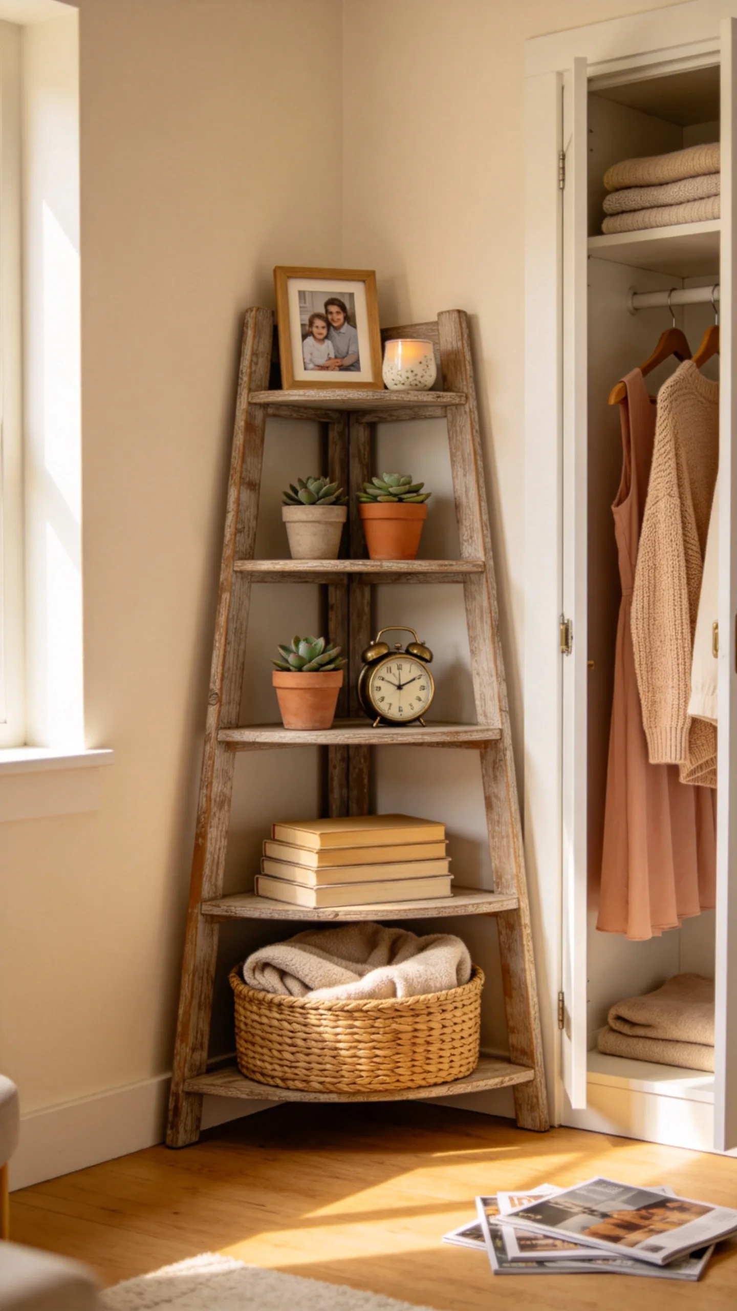 2. A Corner Ladder Shelf for Awkward Angles