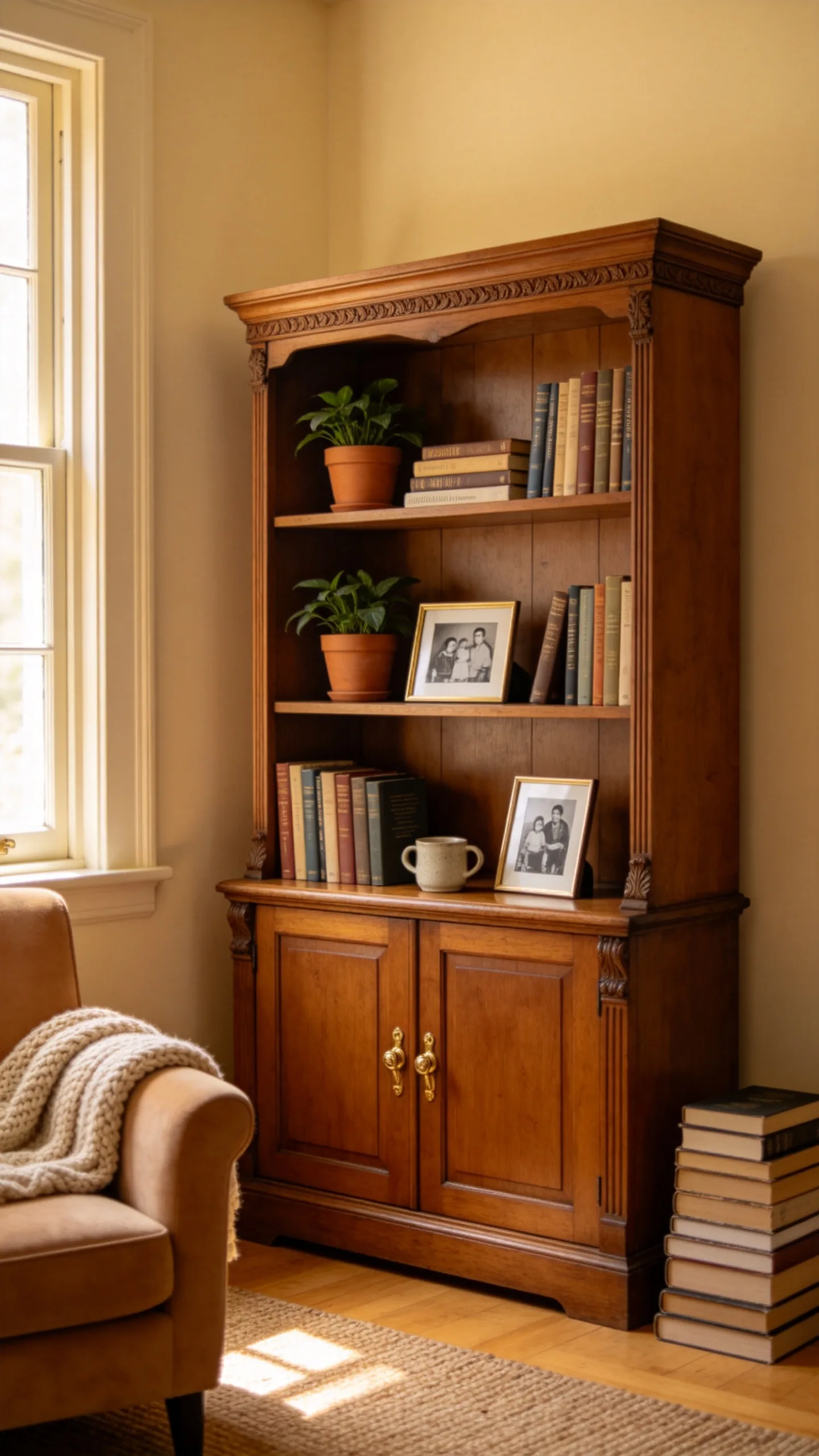 2. A Vintage Mahogany Bookcase for Cozy Bedroom Corners