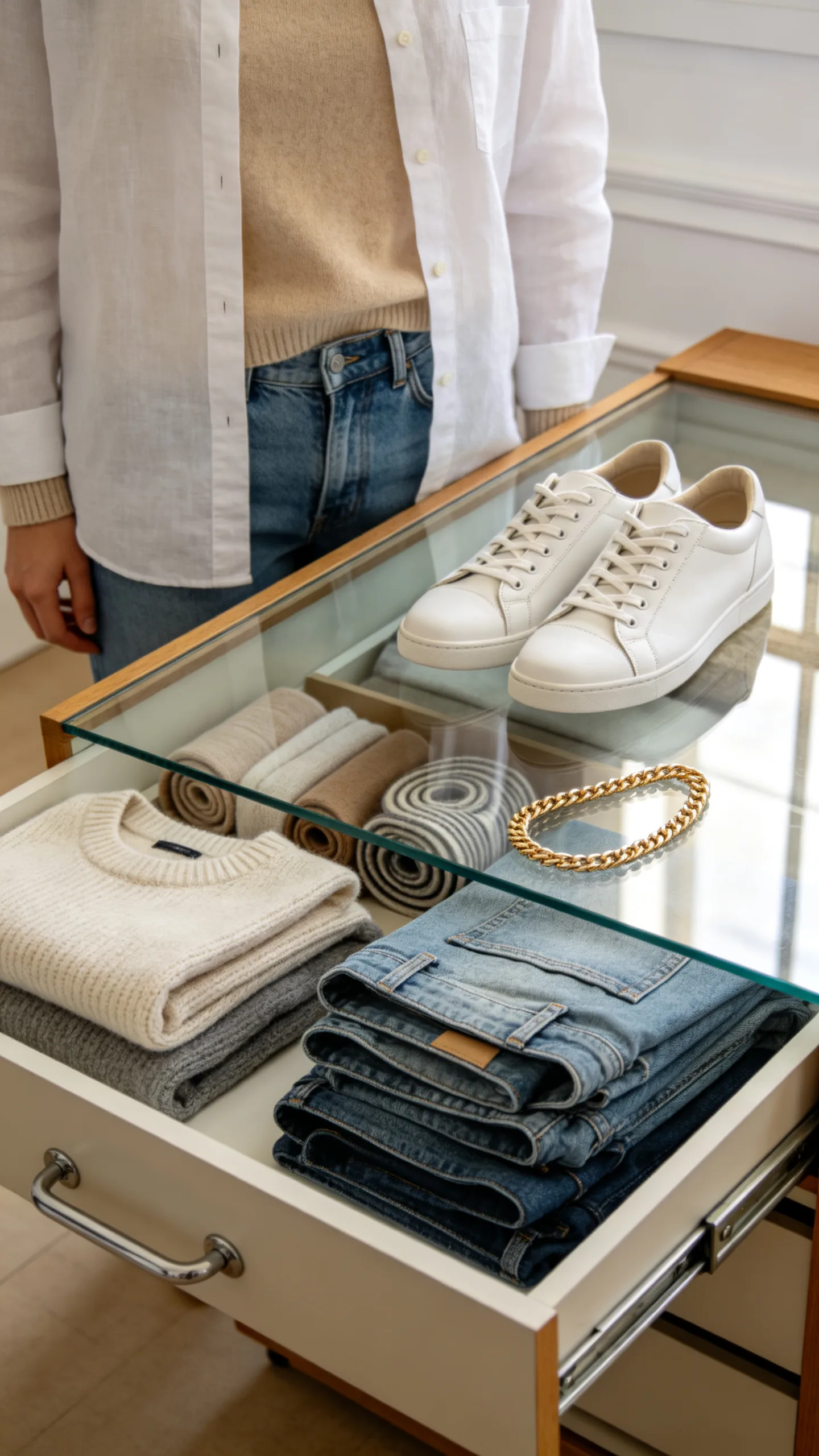 3. Pull-Out Storage Drawers with Glass Front Panels