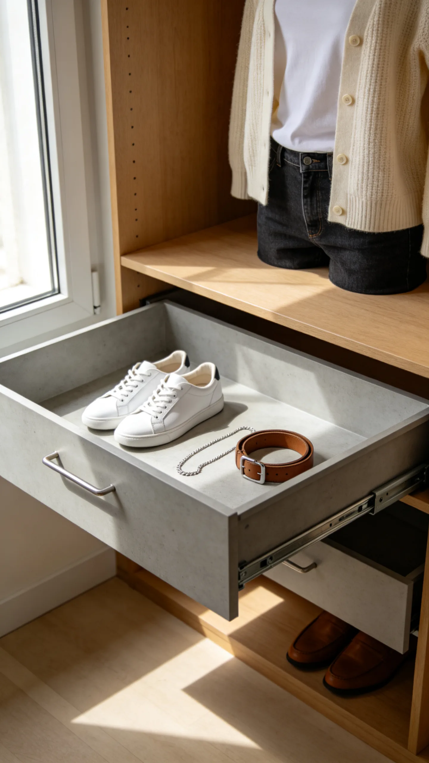 3. Slide-Out Bins in Deep Narrow Closet Ideas
