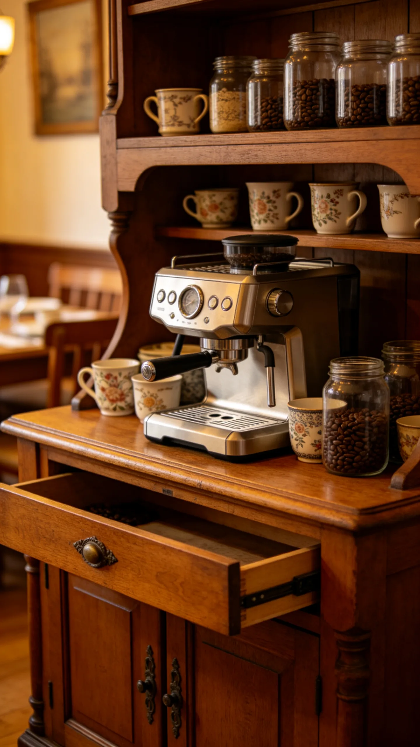 4. Vintage Cabinet Turned Coffee Command Center
