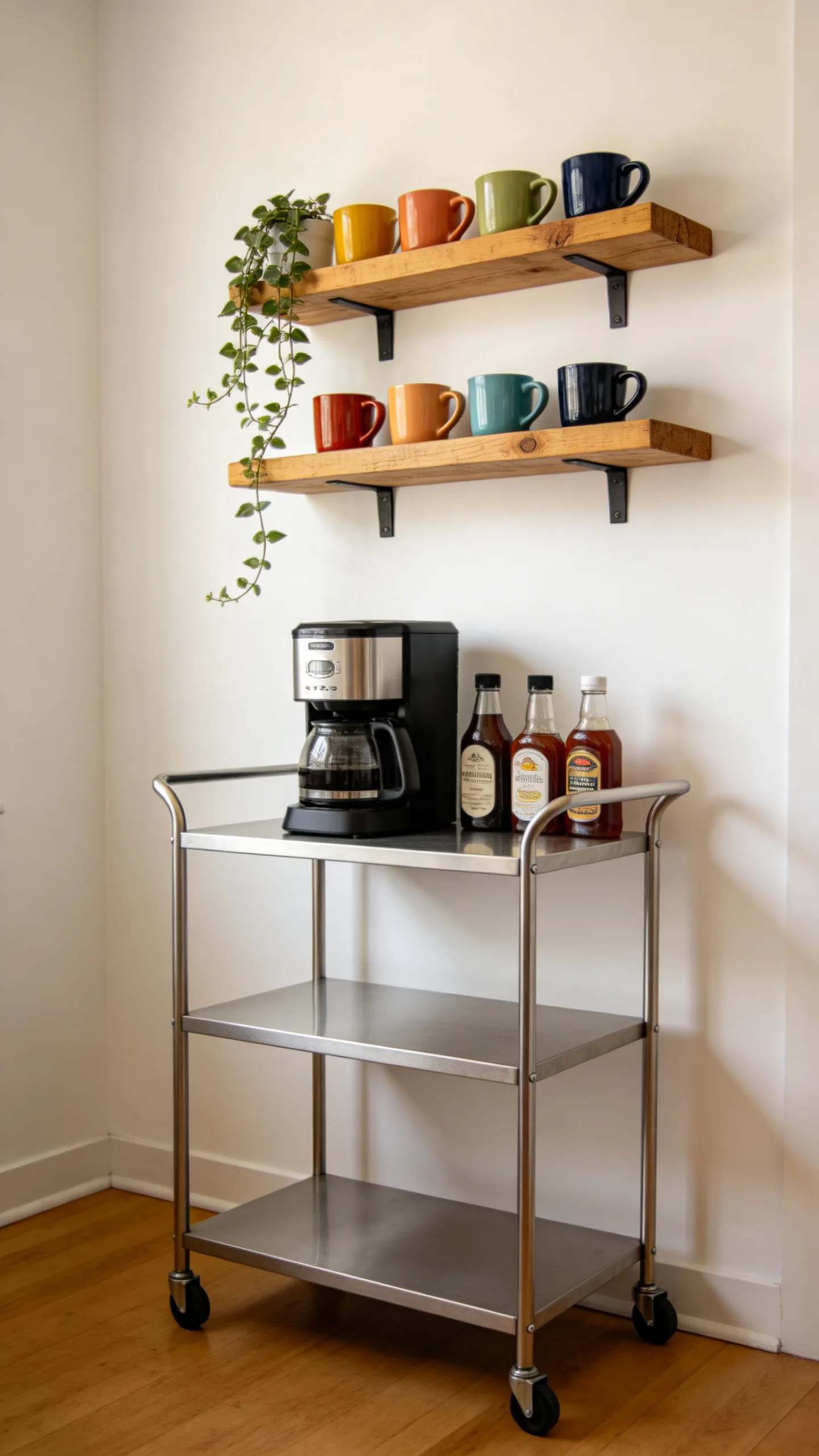 5. Floating Shelves Over a Rolling Cart