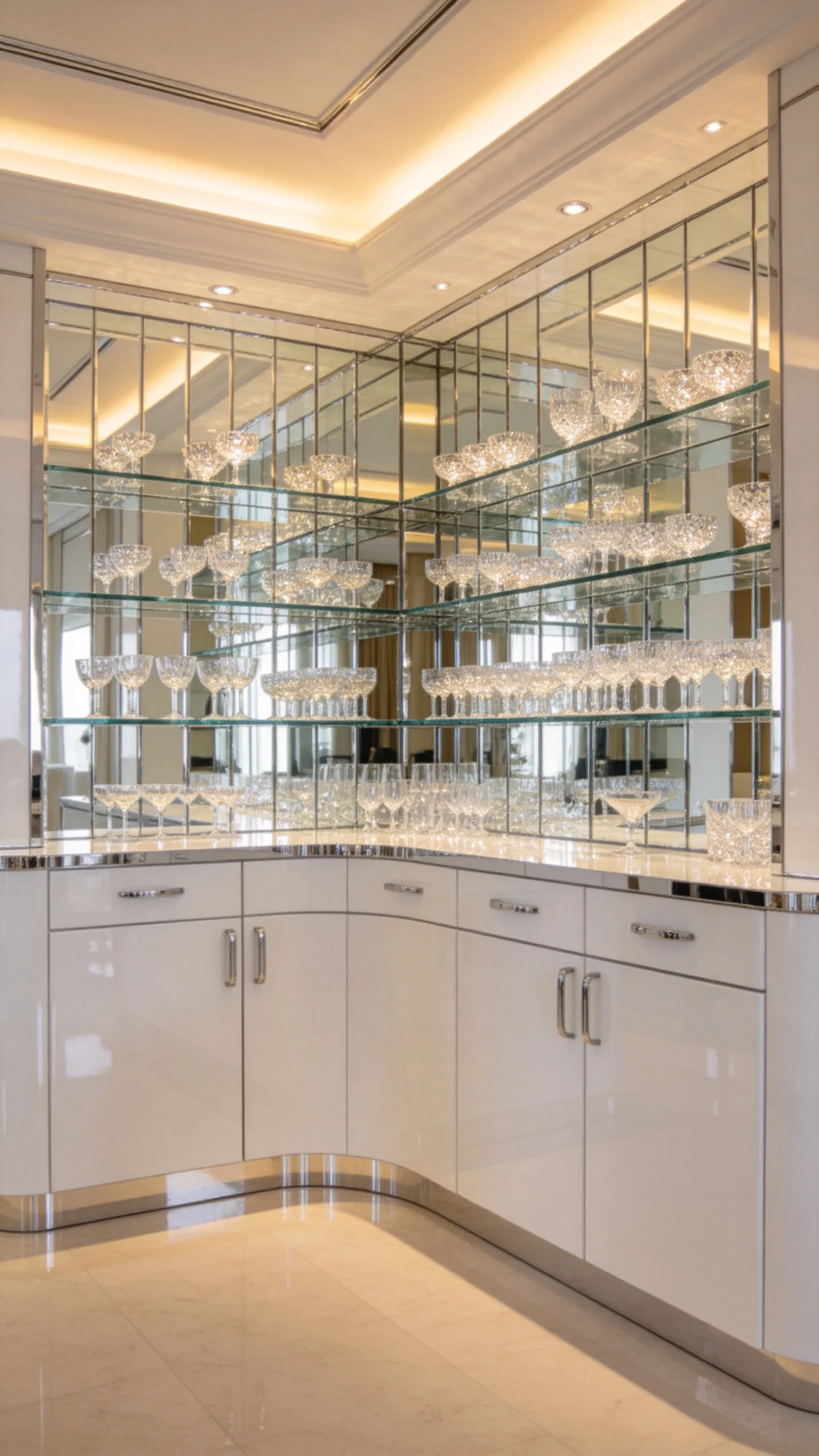 6. Mirrored Backsplash and Glass Shelving