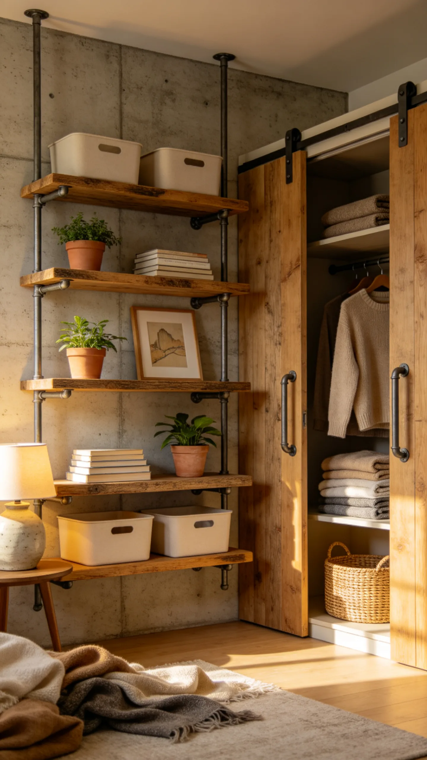 6. Industrial Pipe and Reclaimed Wood Shelving on Accent Walls