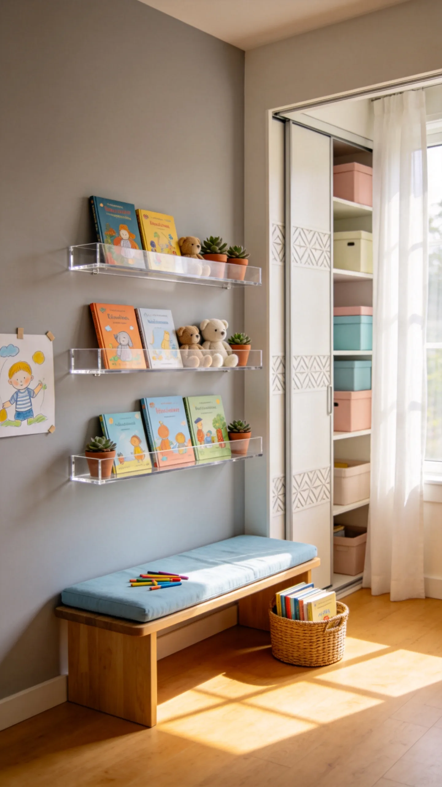 7. Floating Acrylic Ledges for a Minimalist Kids' Reading Nook