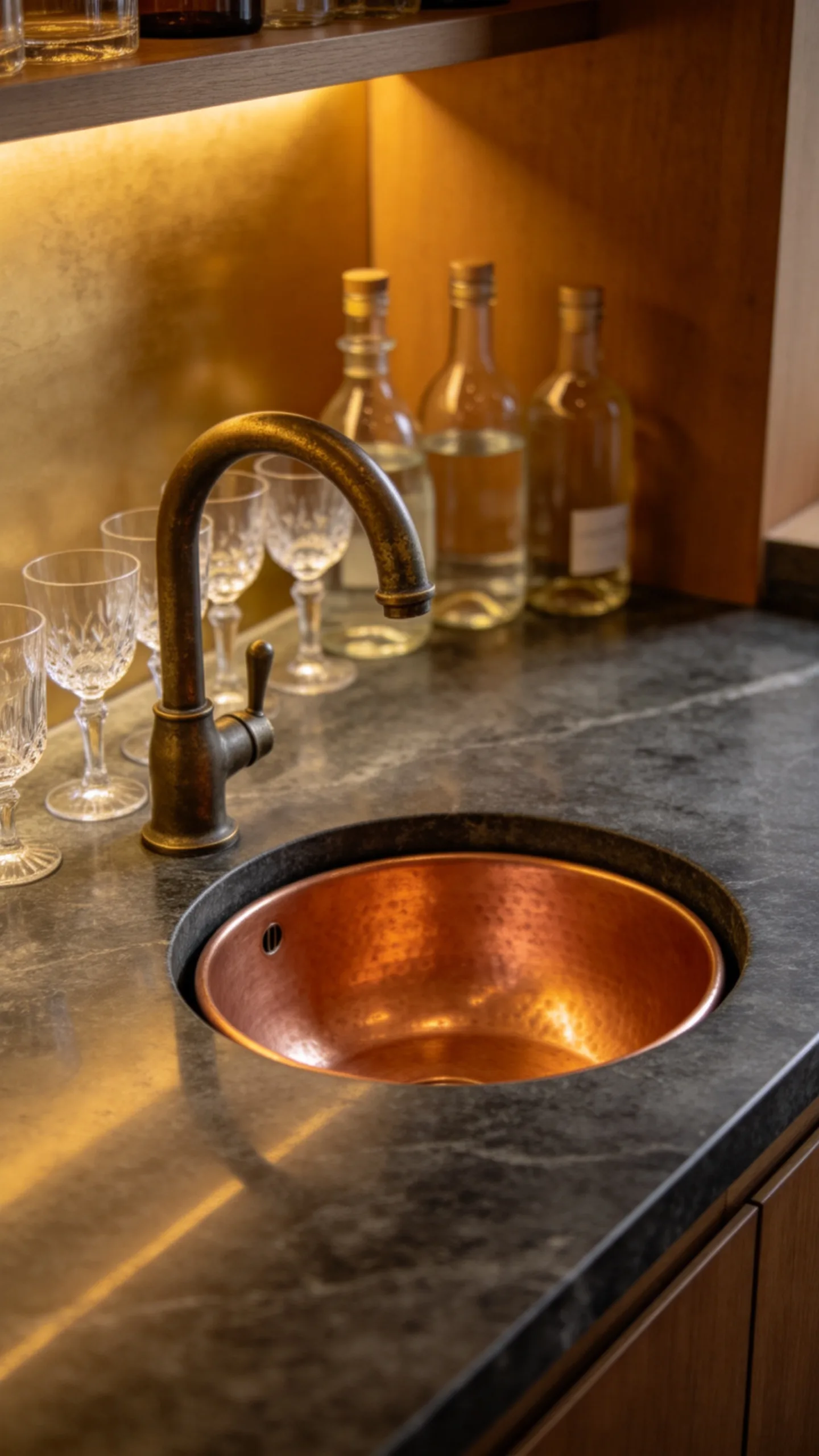 8. Corner Wet Bar with a Hammered Copper Sink