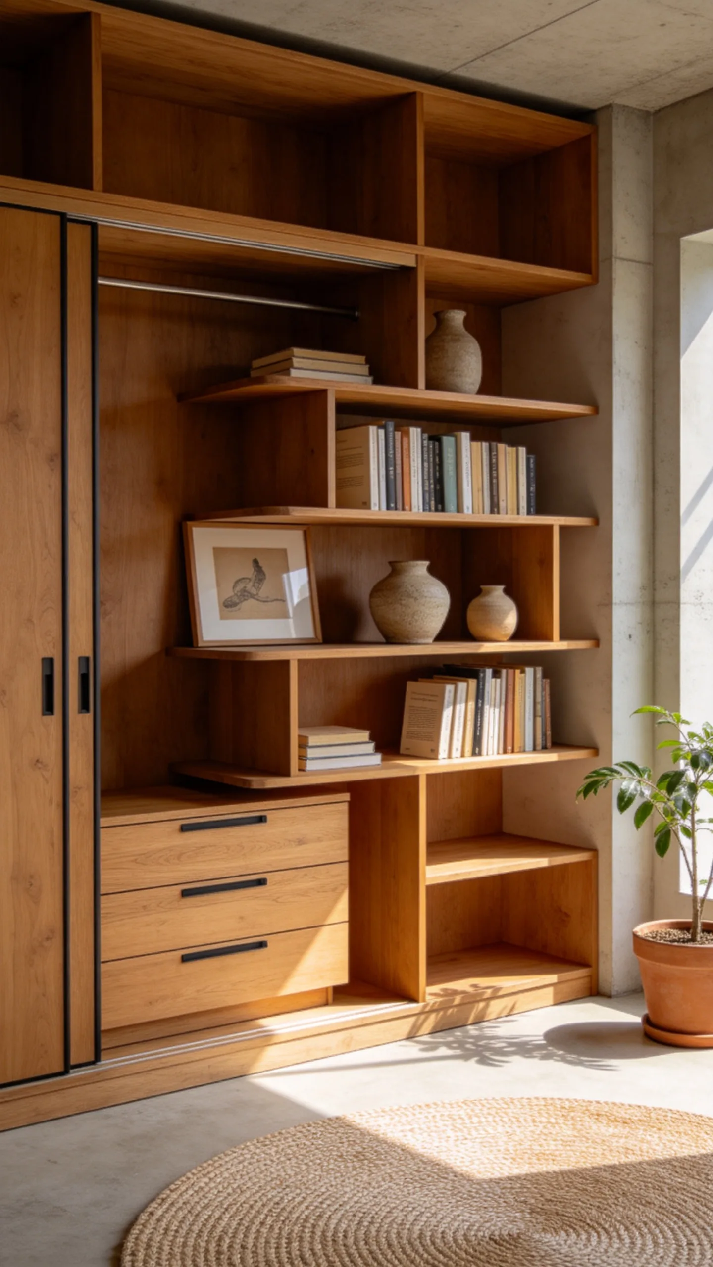 8. Mid-Century Modern Asymmetrical Bookshelves with Warm Wood Tones