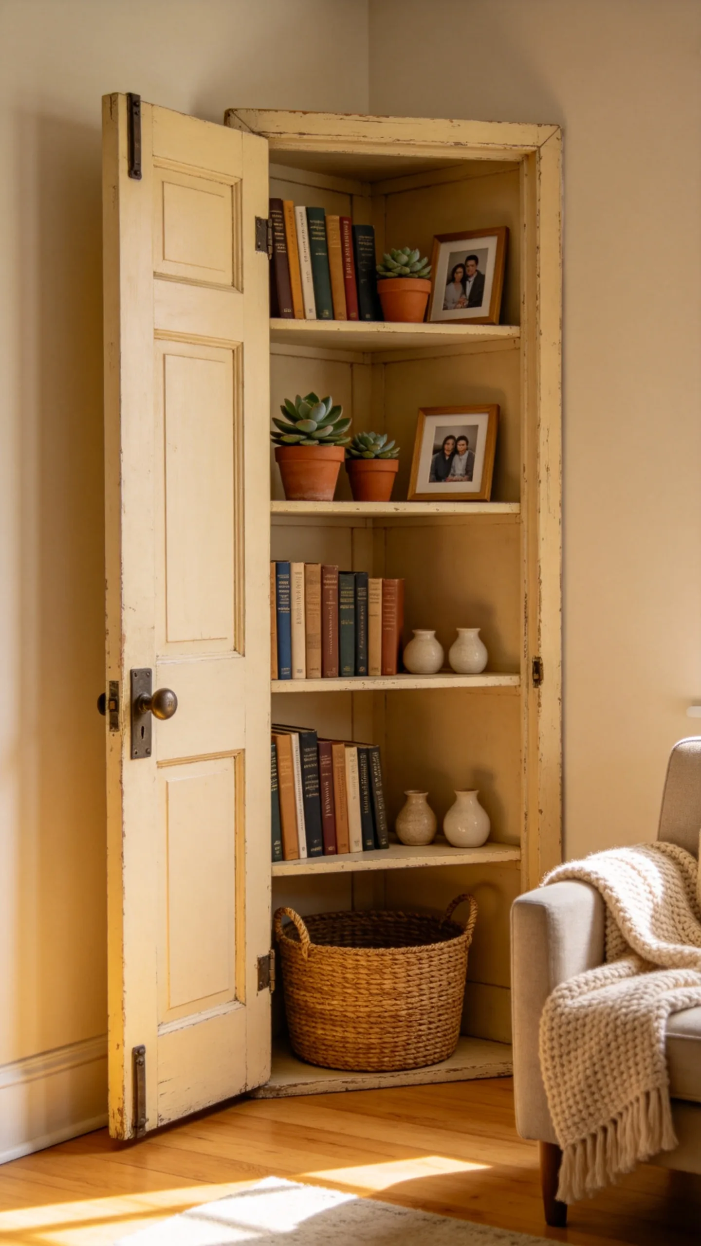 10. Repurposed Vintage Door Corner Bookshelf