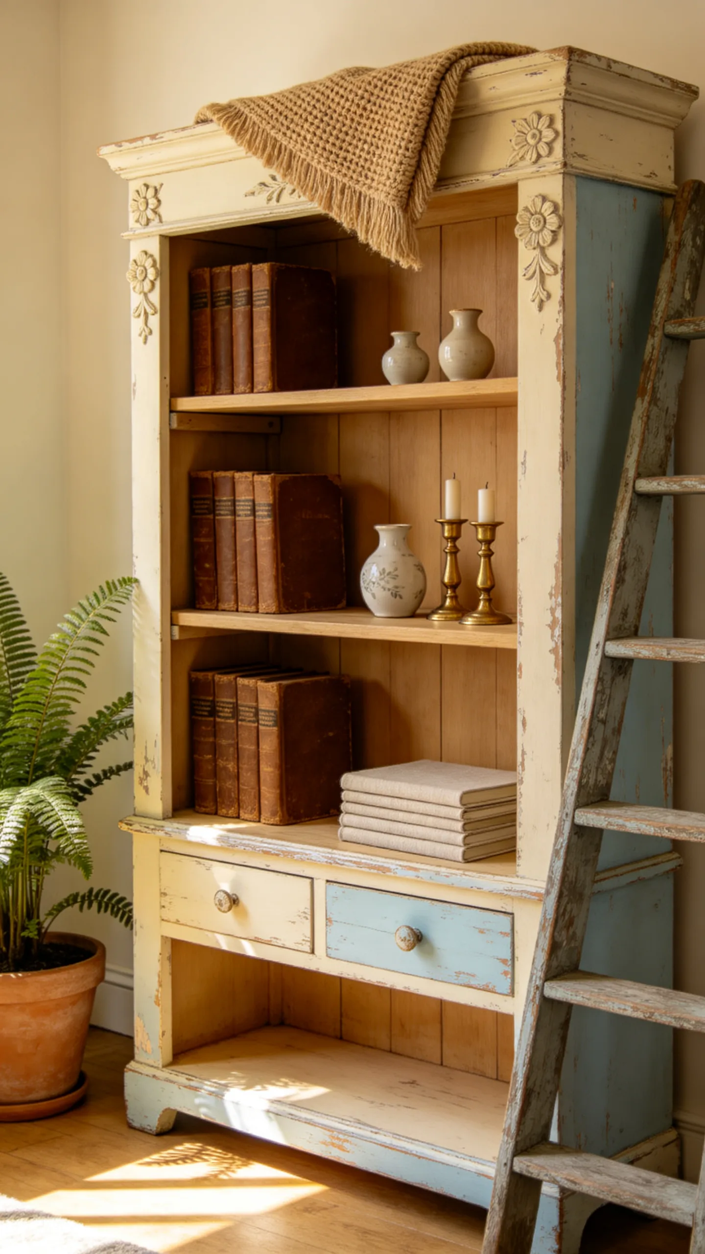 11. Antique French Country Bookshelves with Distressed Chalk Paint