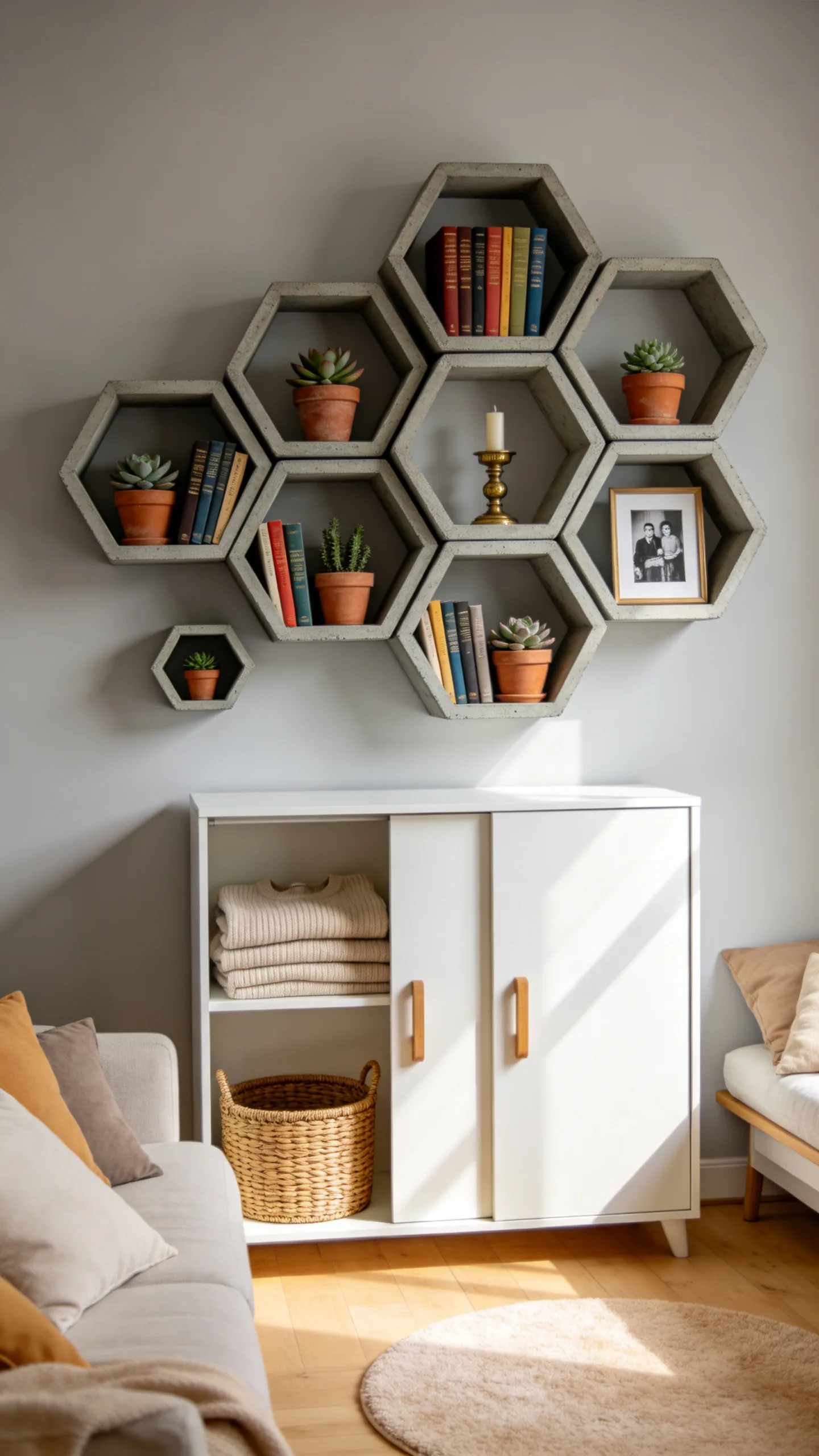 12. Floating Honeycomb Hexagon Shelves for Creative Wall Art