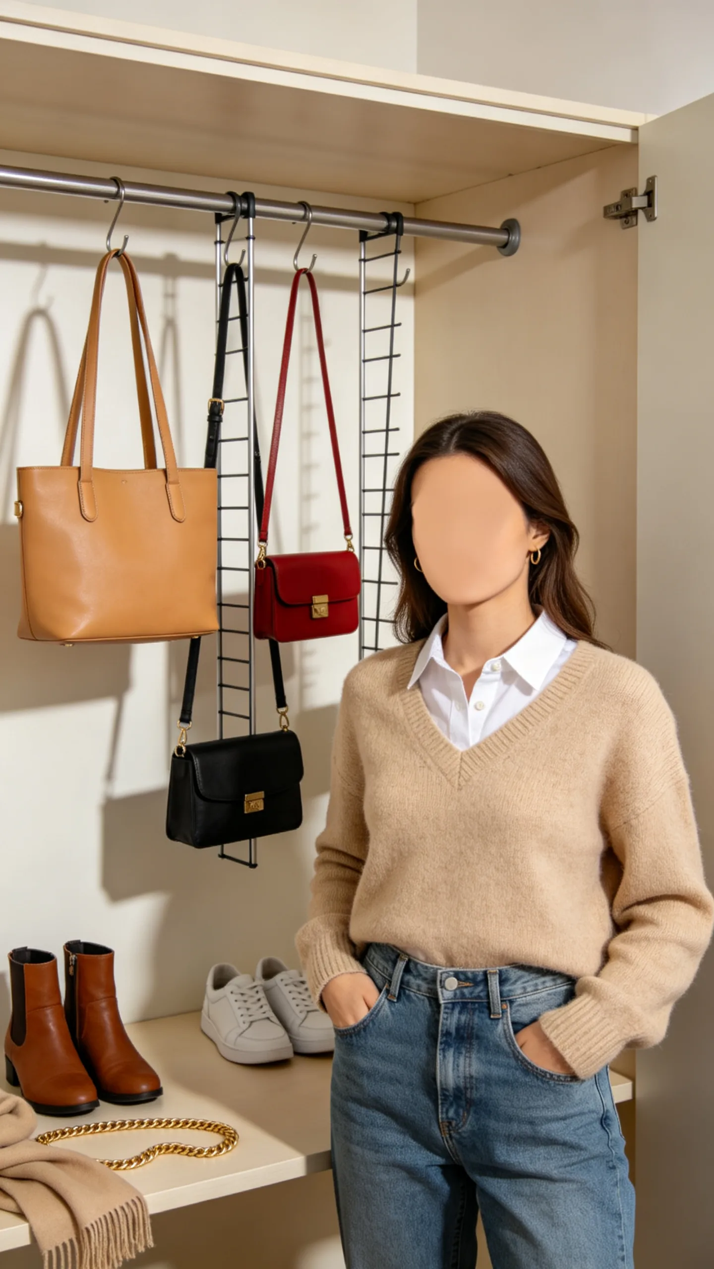 12. Tension Rod Dividers for Vertical Purse Storage