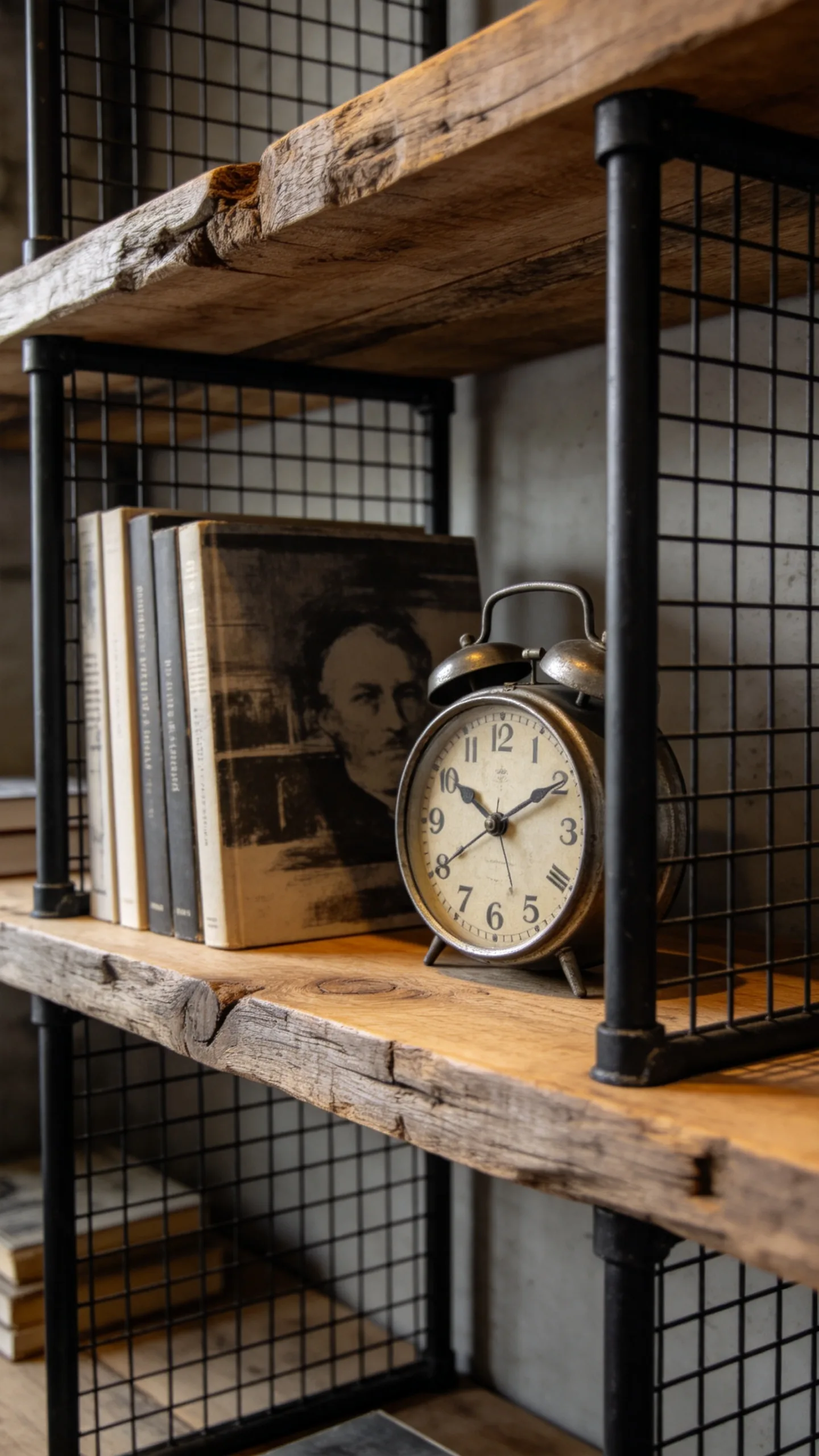 13. Industrial Wire and Reclaimed Wood Shelving