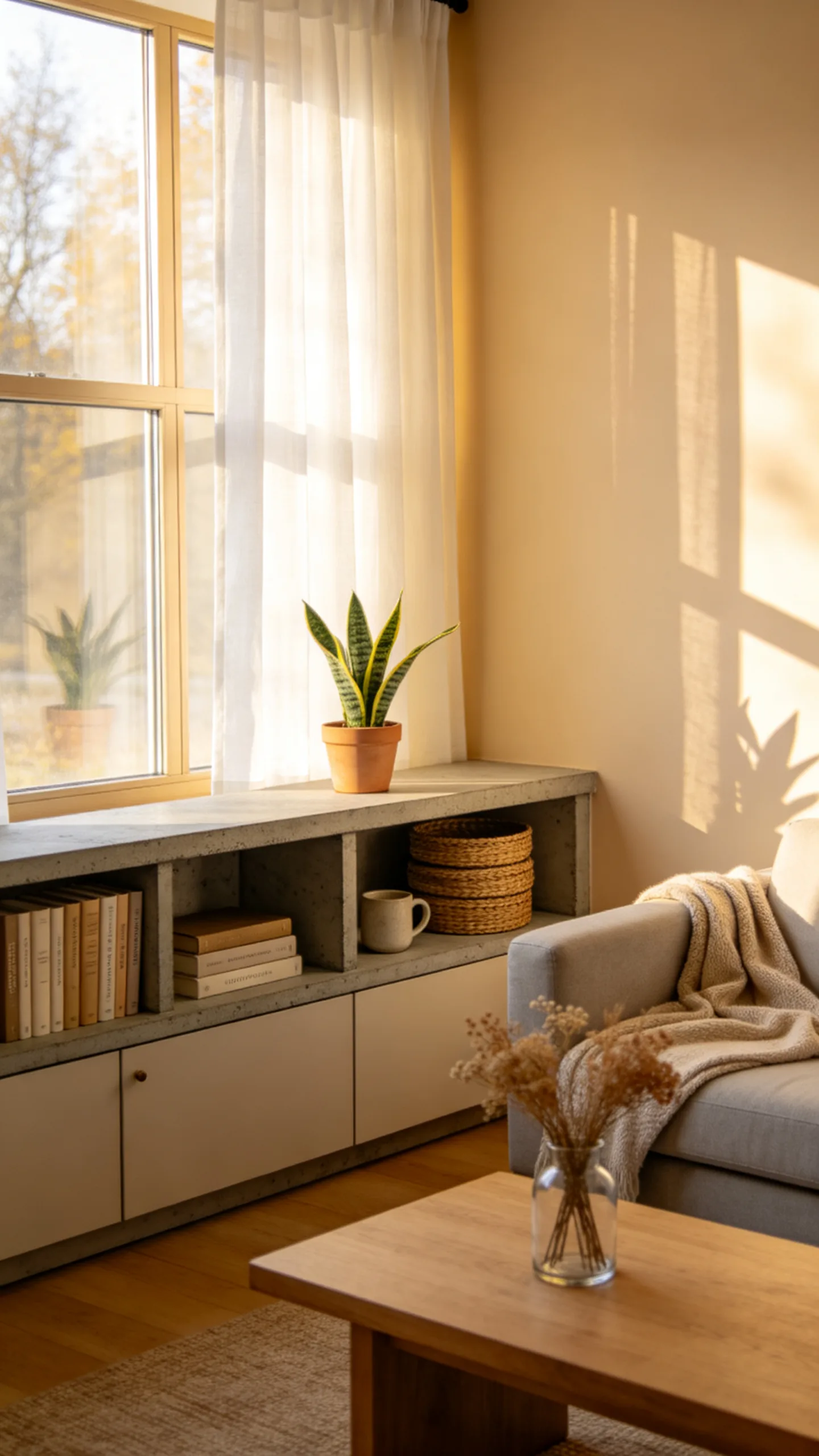 13. Low-Profile Credenza Shelving Beneath a Large Window