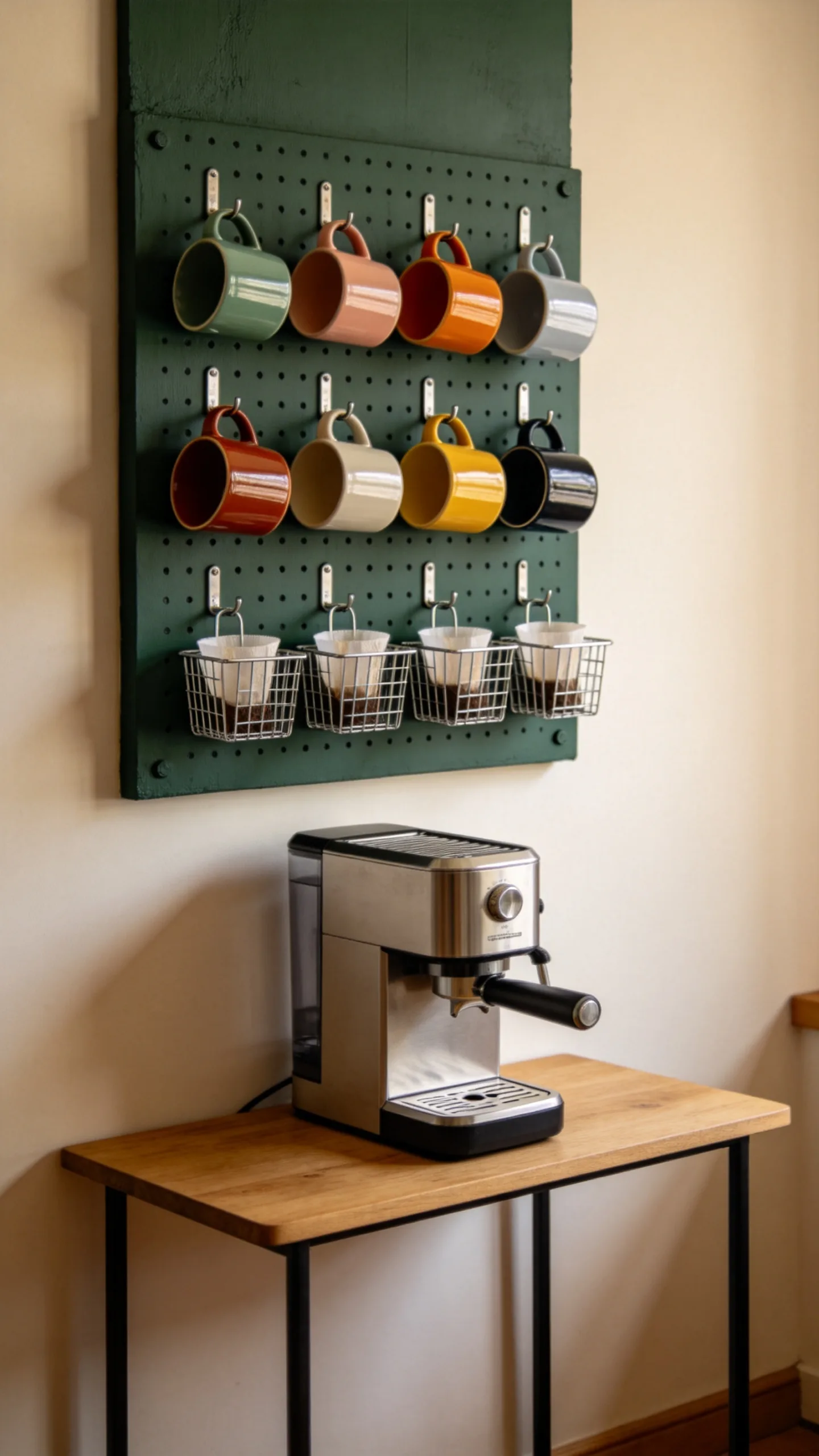 14. Wall-Mounted Pegboard for Mugs and Tools