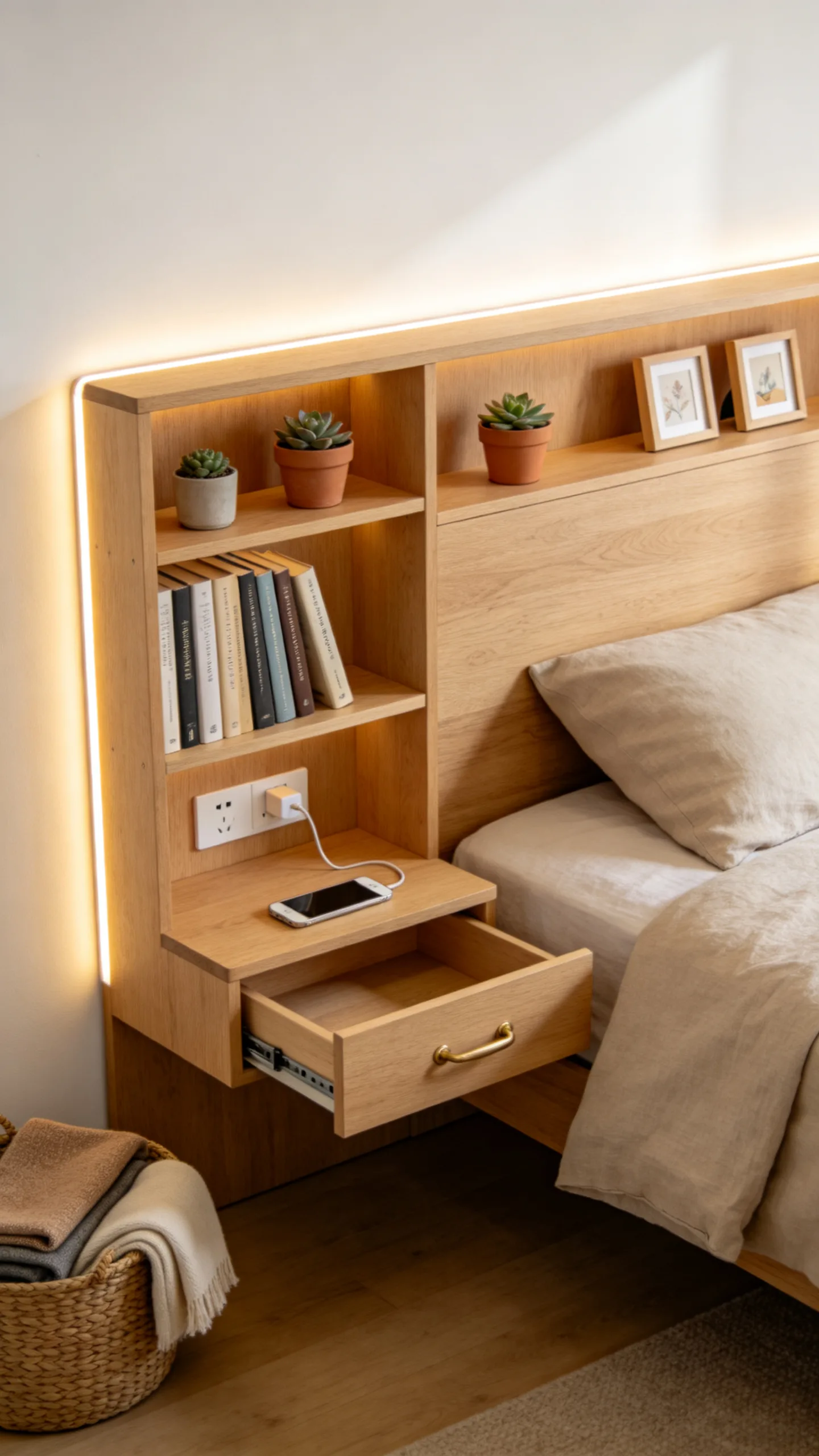14. A Headboard Bookshelf Combo for Compact Studio Apartments