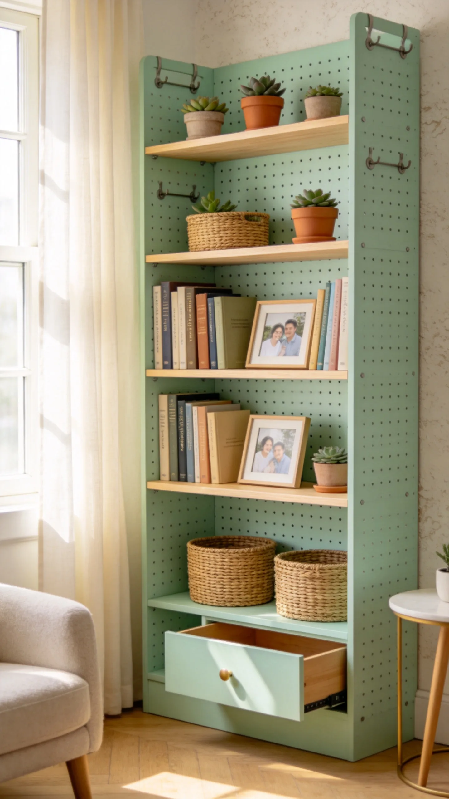 14. Pastel Custom Pegboard Bookshelf