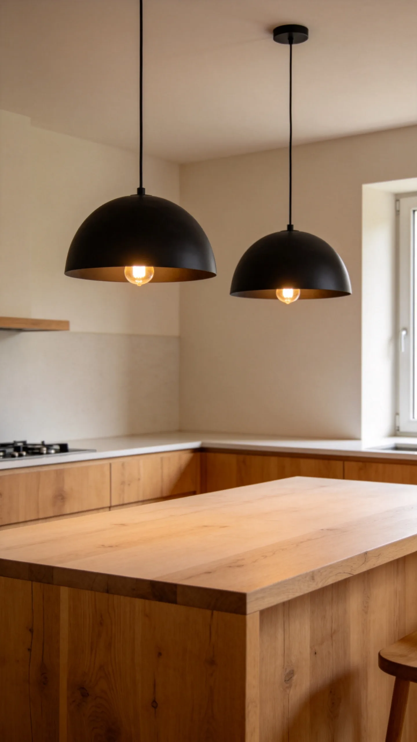 5. Hang Matte Black Pendants Over a Wood Island