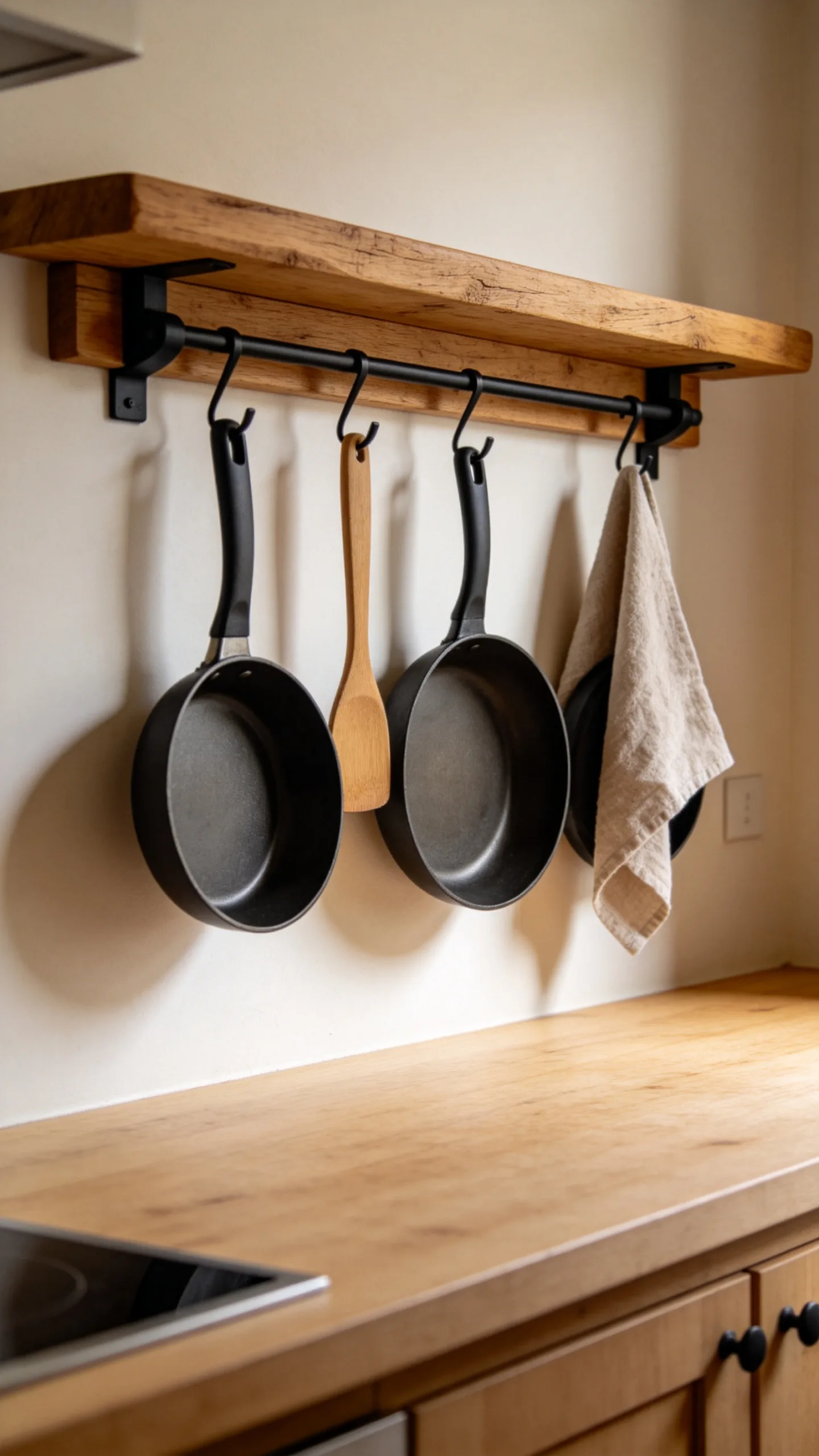 17. Install a Natural Wood Pot Rack With Black Hooks