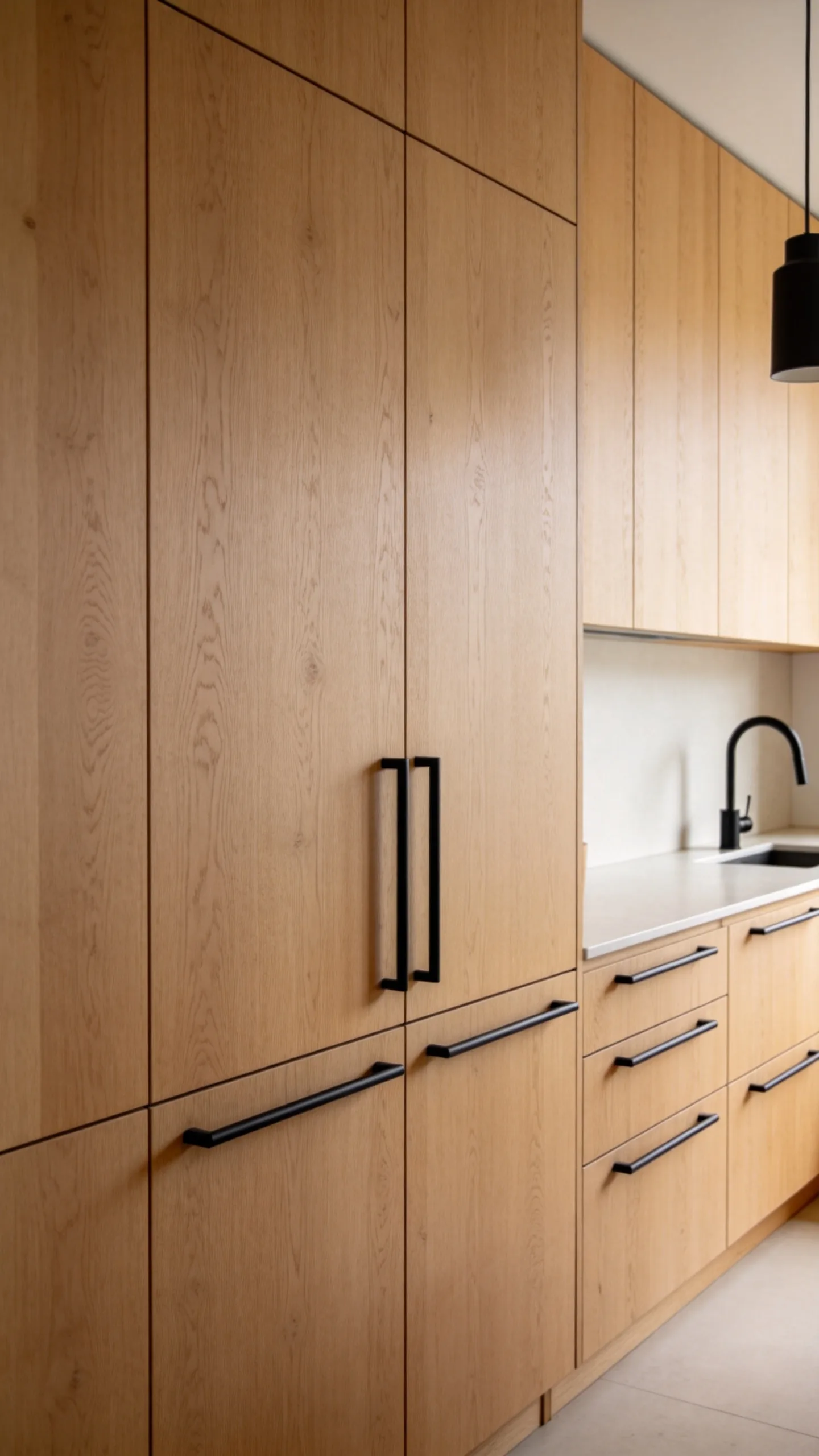 1. Pair Natural Oak Cabinets With Matte Black Pulls