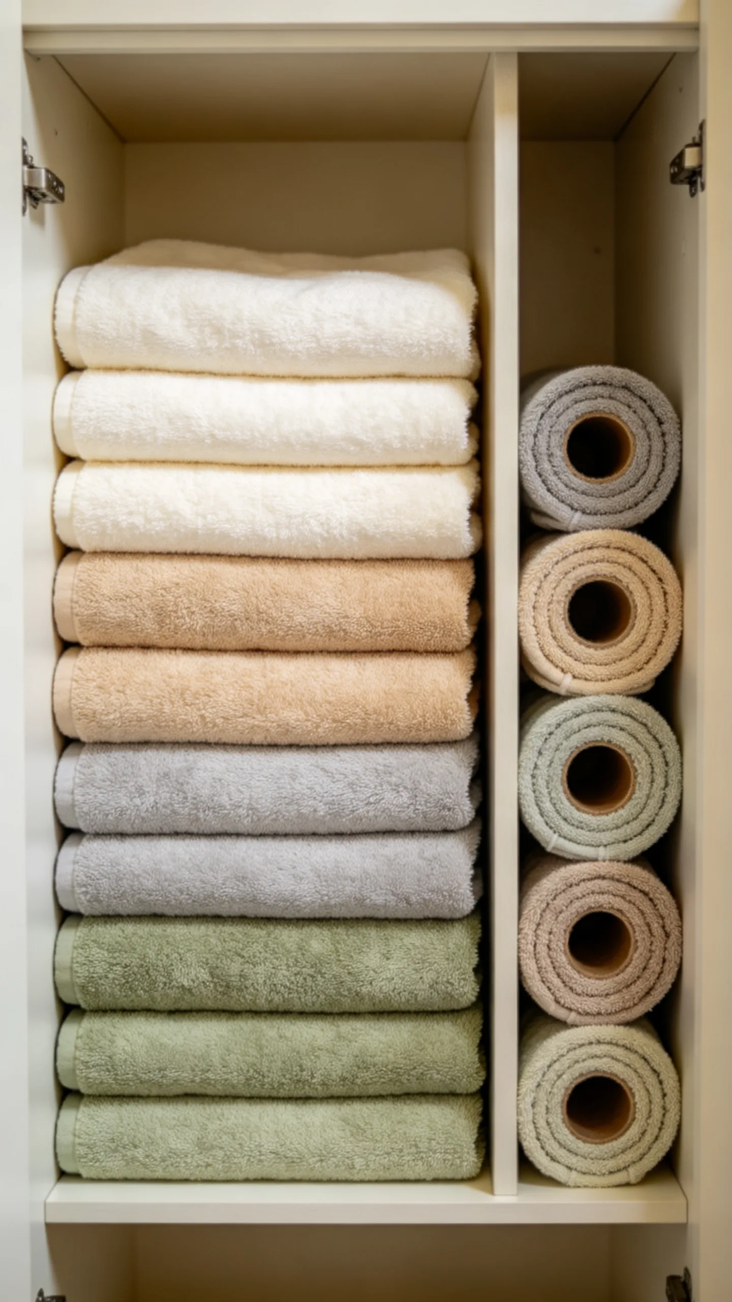 5. Roll Towels to Fill Narrow Shelf Gaps