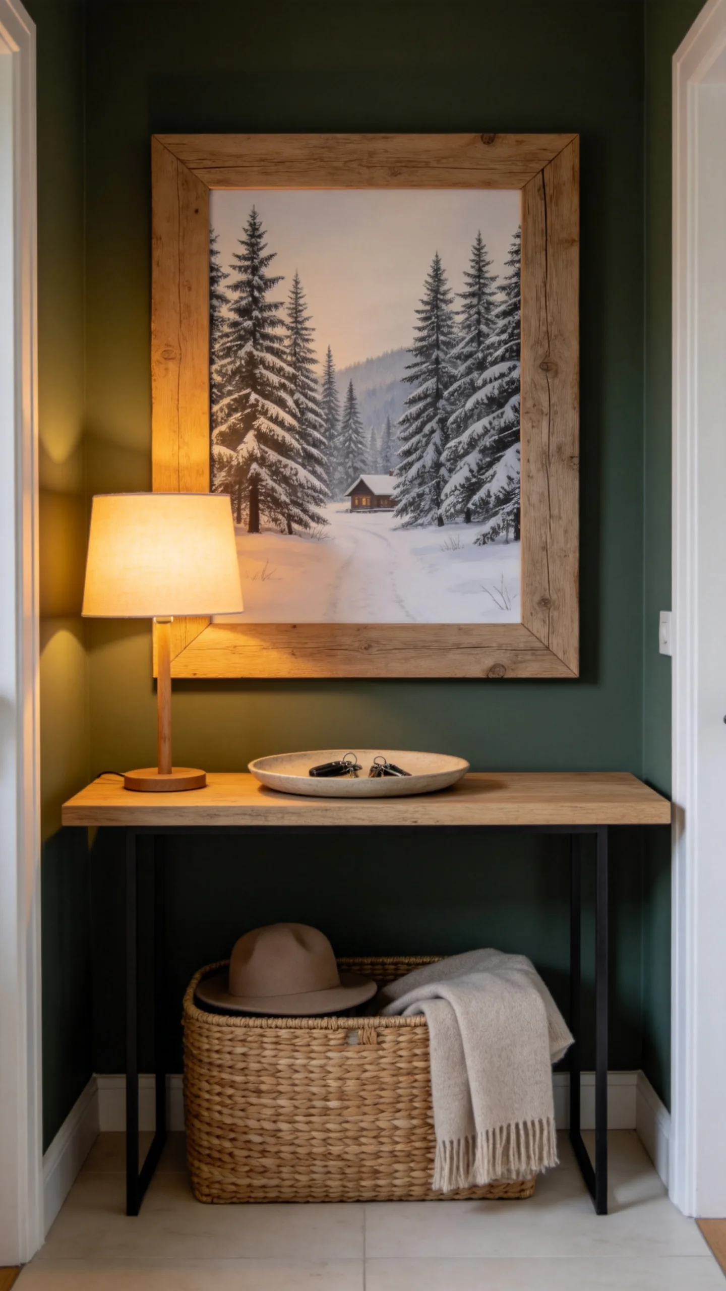 5. Snowy Cabin Sign Above a Console Table