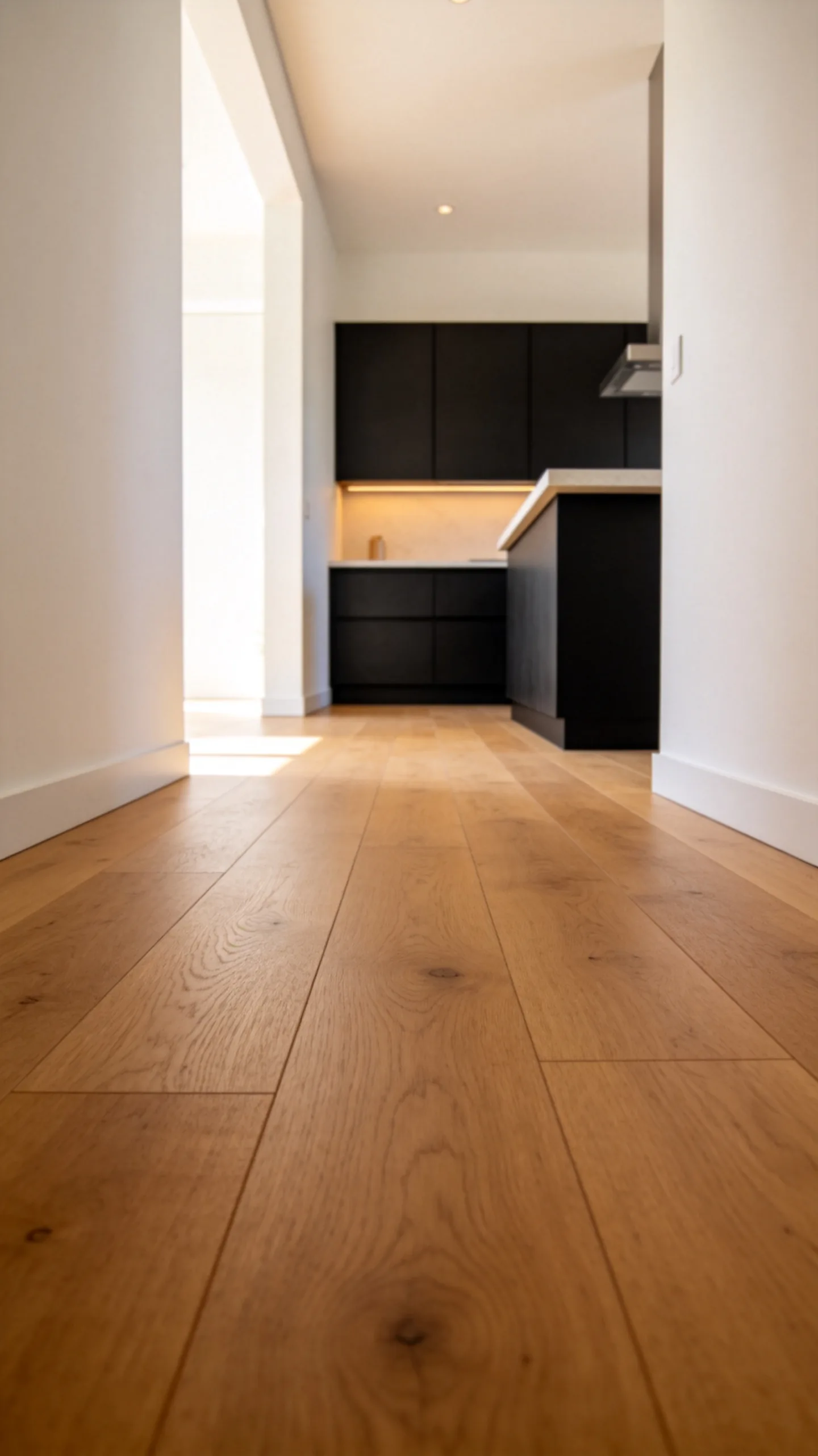 12. Lay Wide-Plank Wood Floors Beside Black Cabinets