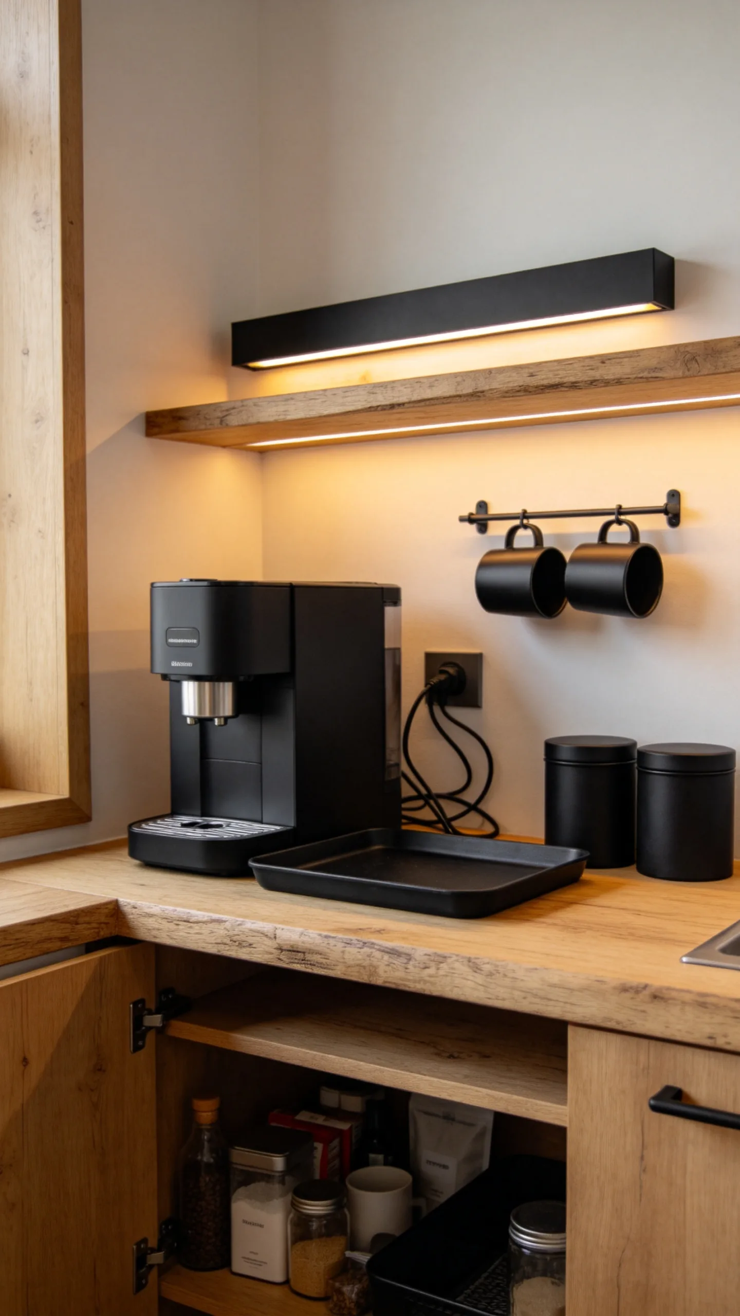 11. Create a Wood Coffee Bar With Black Accessories